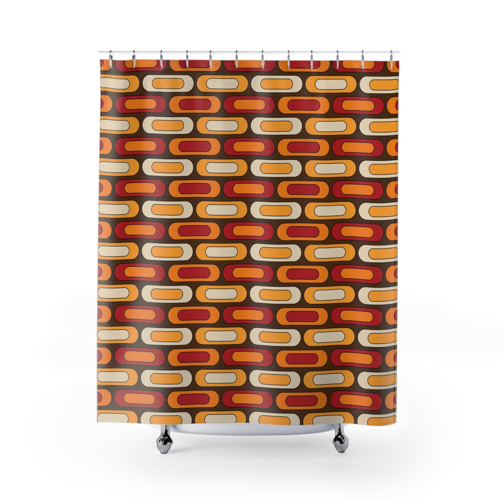 Retro Geometric Mid Mod Brown Orange Yellow, Burnt Red MCM Shower Curtain - Mid Century Modern Gal