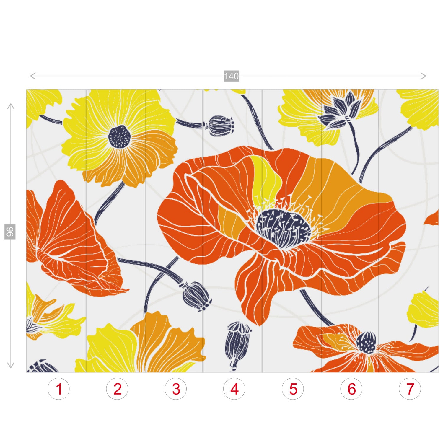 Vintage Poppy Orange Yellow Retro Florals, Mid Century Modern Wall Murals - Mid Century Modern Gal