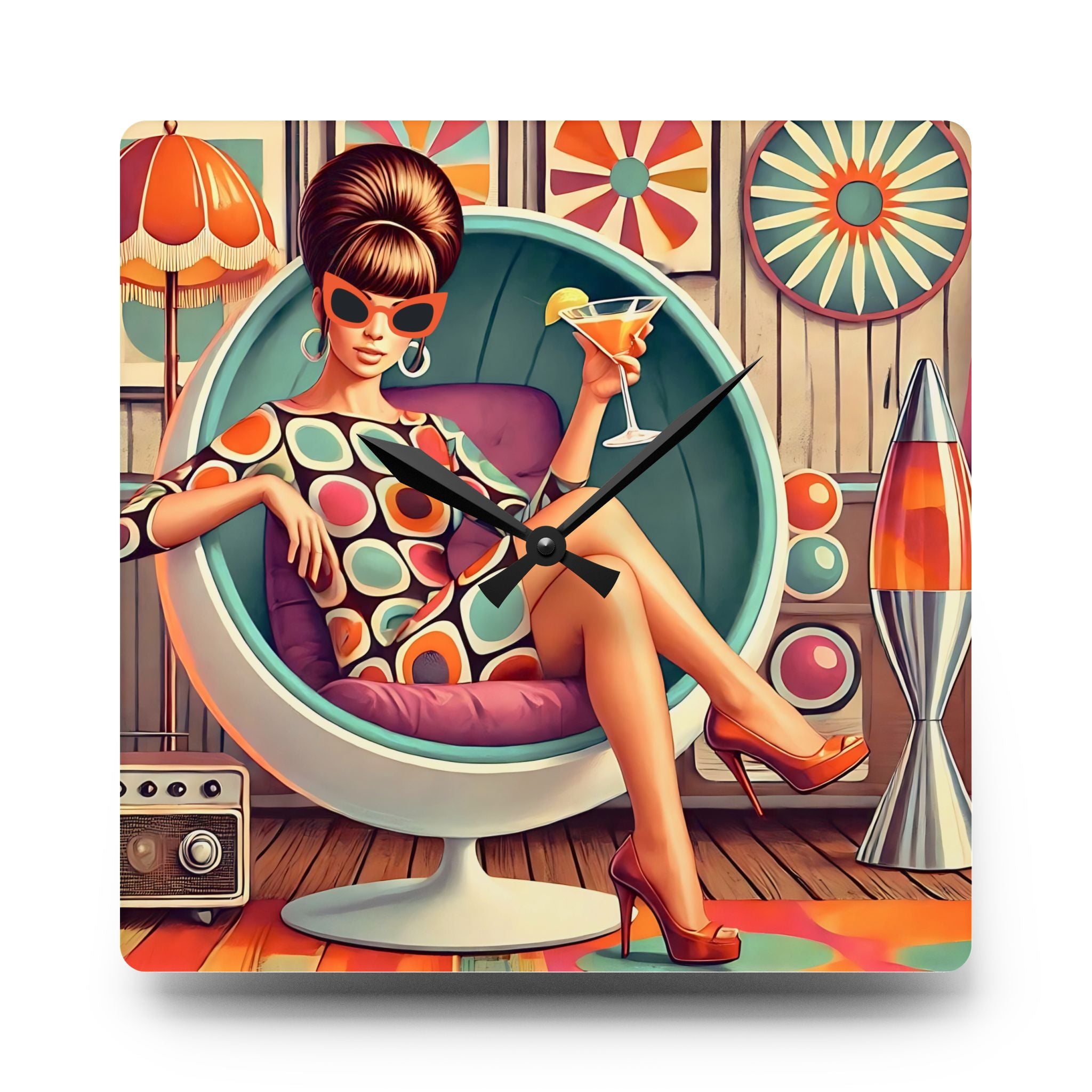 60s Mod Gal, Mid Century Modern Kitschy Acrylic Wall Clock - Mid Century Modern Gal