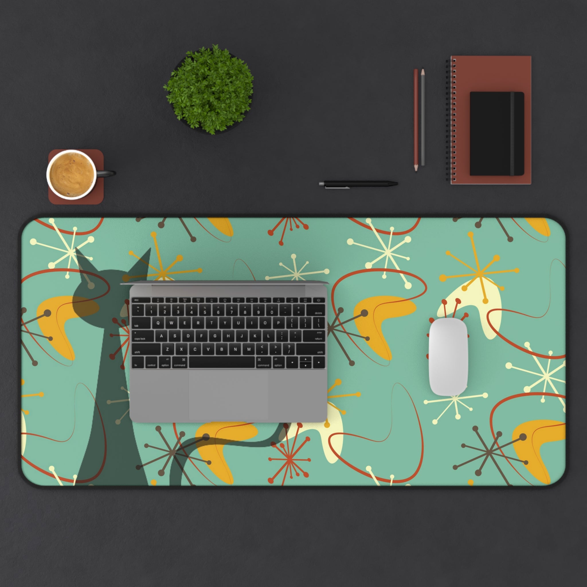 Atomic Cat Boomerang Retro Mid Century Modern Green, Brown, Yellow, Beige MCM Home Decor Desk Mat - Mid Century Modern Gal