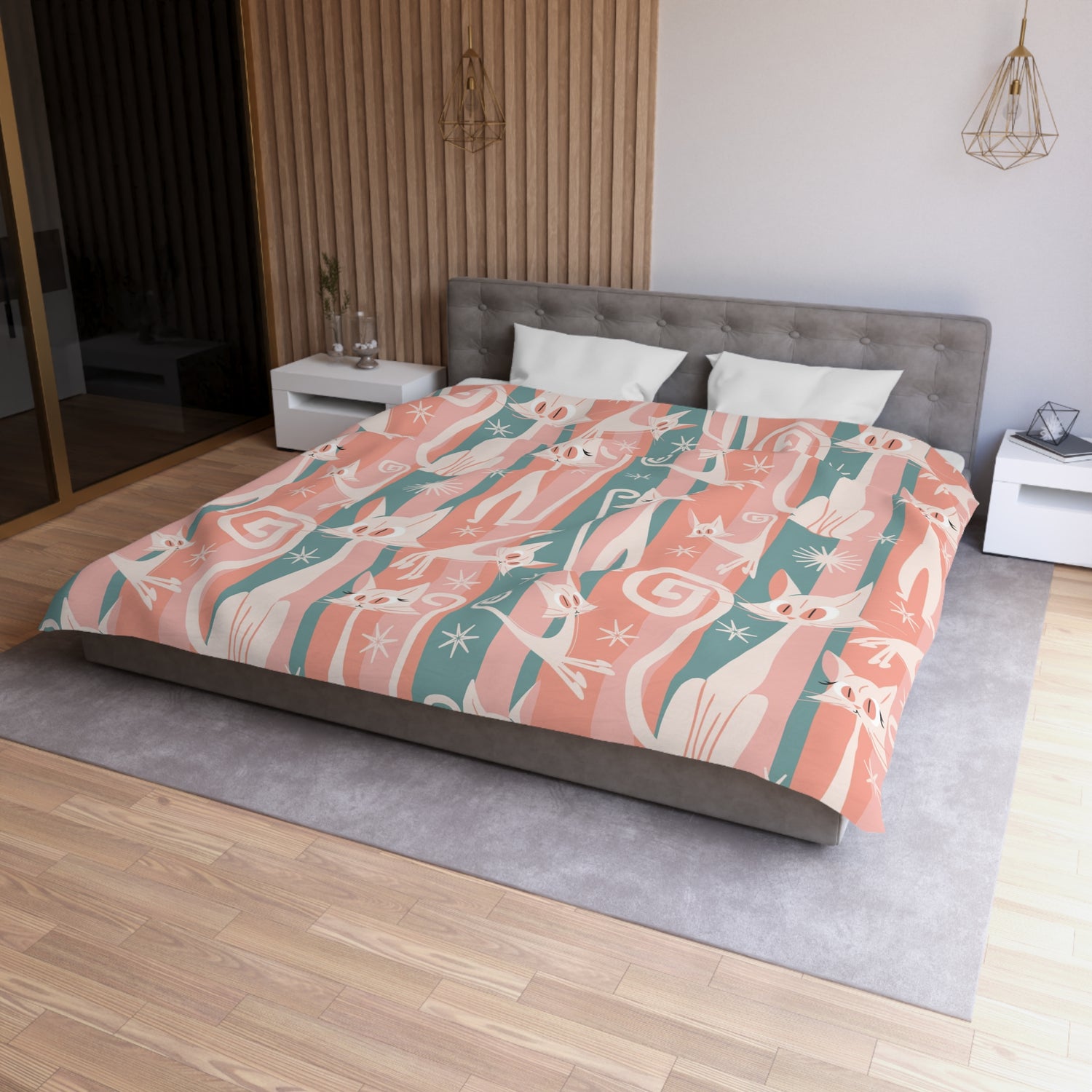 Atomic Cat Bedding, Pink, Aqua Kitschy White Kitties, Mid Century Modern Fun Quirky Duvet - Mid Century Modern Gal
