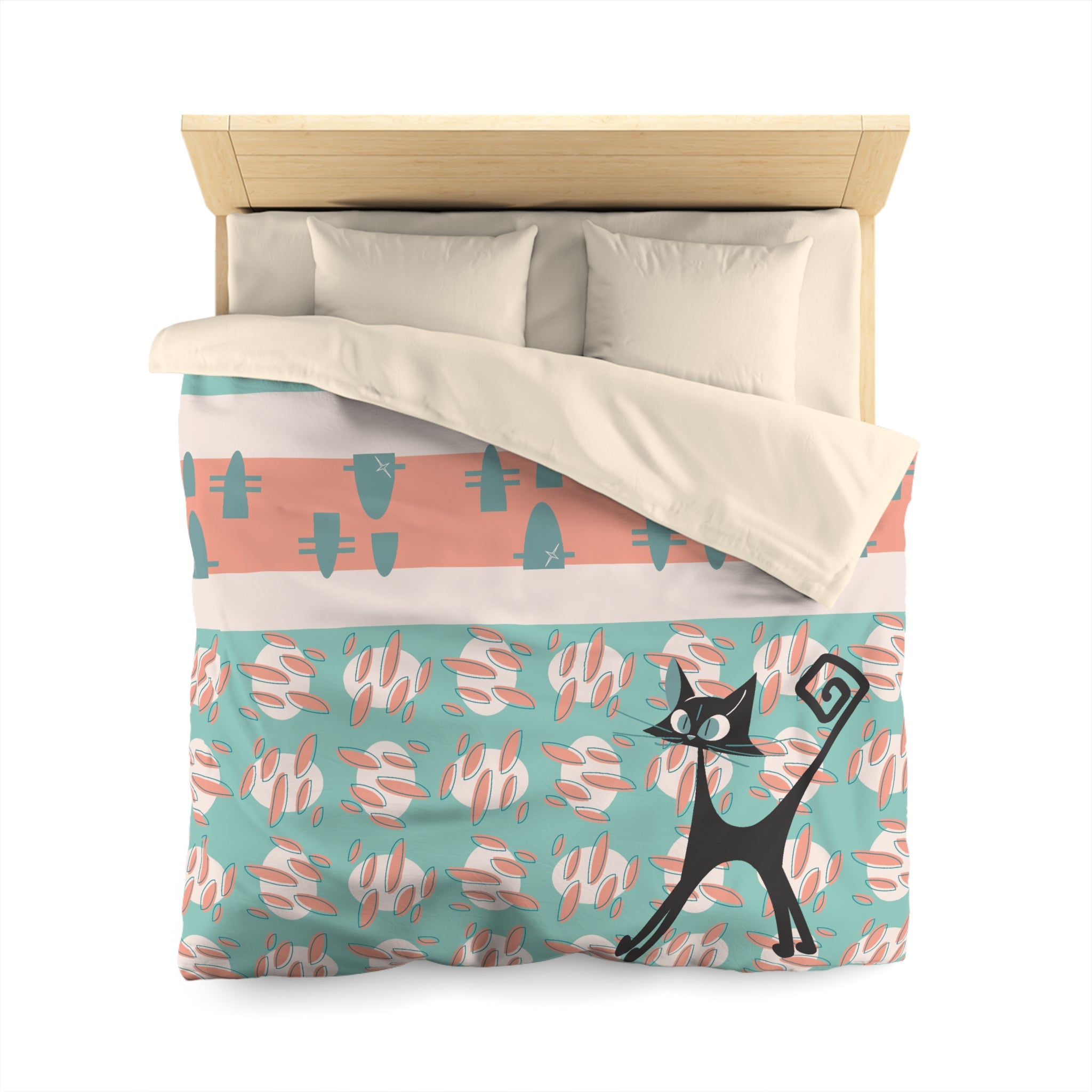 50s Nostalgic Atomic Cat Mid Century Modern Aqua, Coral Pink Peach, Kitschy Mid Century Modern Duvet Cover - Mid Century Modern Gal