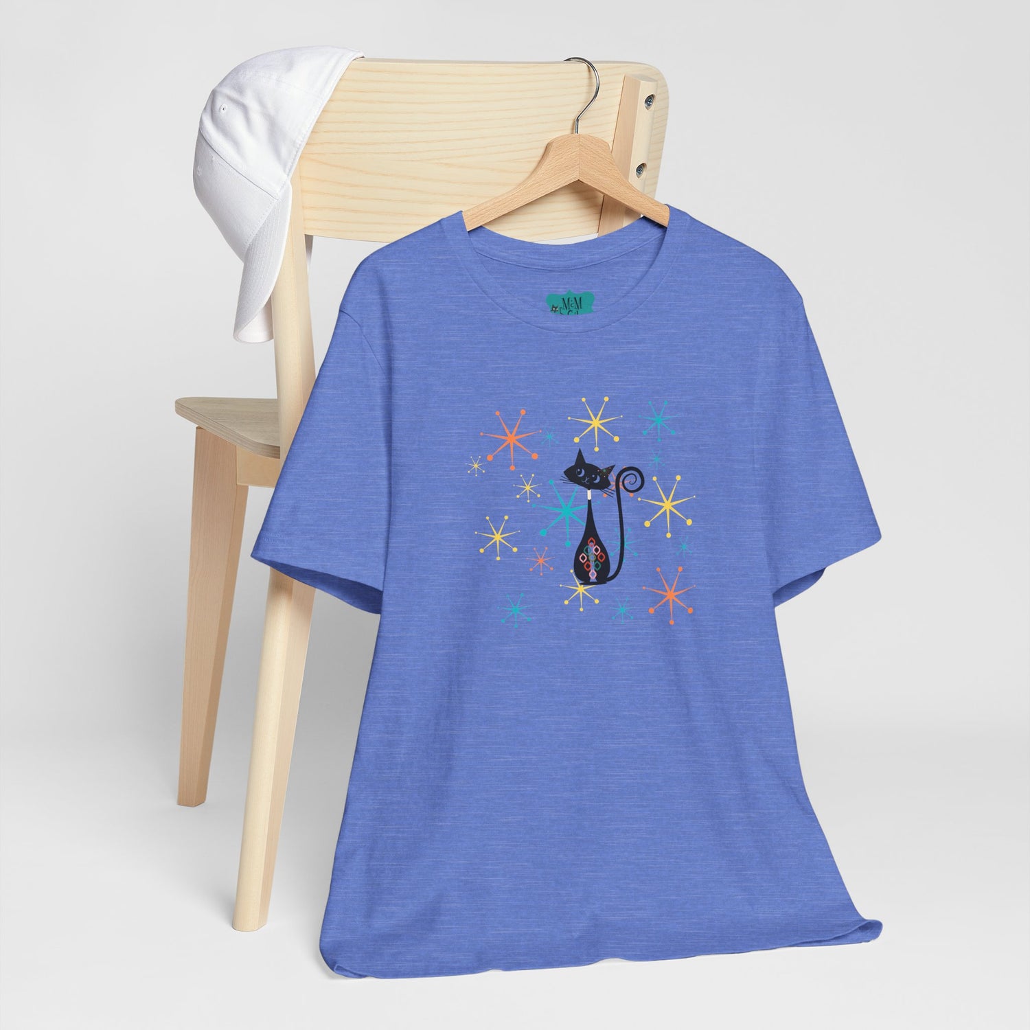 Atomic Cat Mid Century Modern Starburst Whimsical Cat Short Sleeve Tee - Colorful Star Design - Mid Century Modern Gal