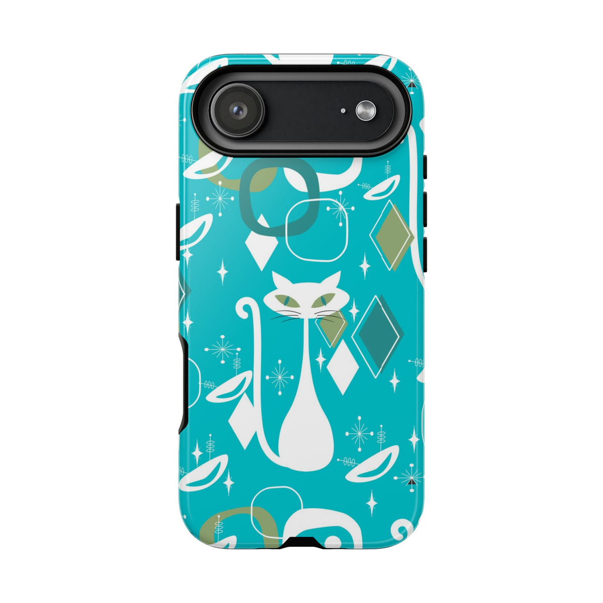 Atomic Cat Space Designs, Mid Century Modern, Aqua, White Kitschy Cat Tough Phone Case