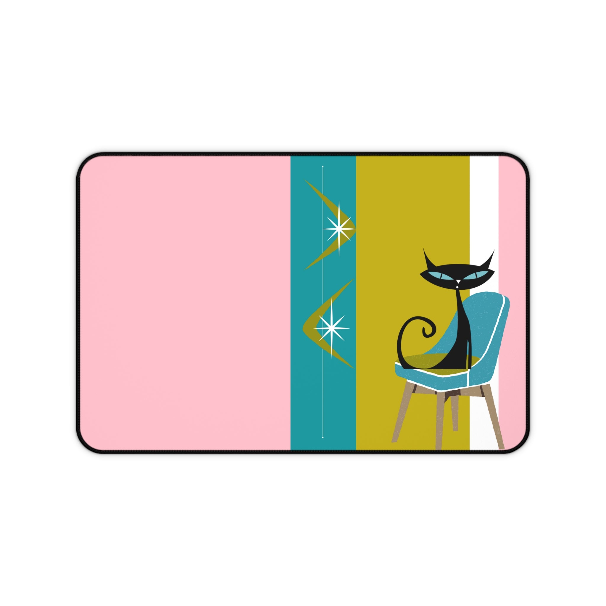 Atomic Cat Pink, Green, Teal Blue Retro Atomic Boomerang Desk Mat - Mid Century Modern Gal