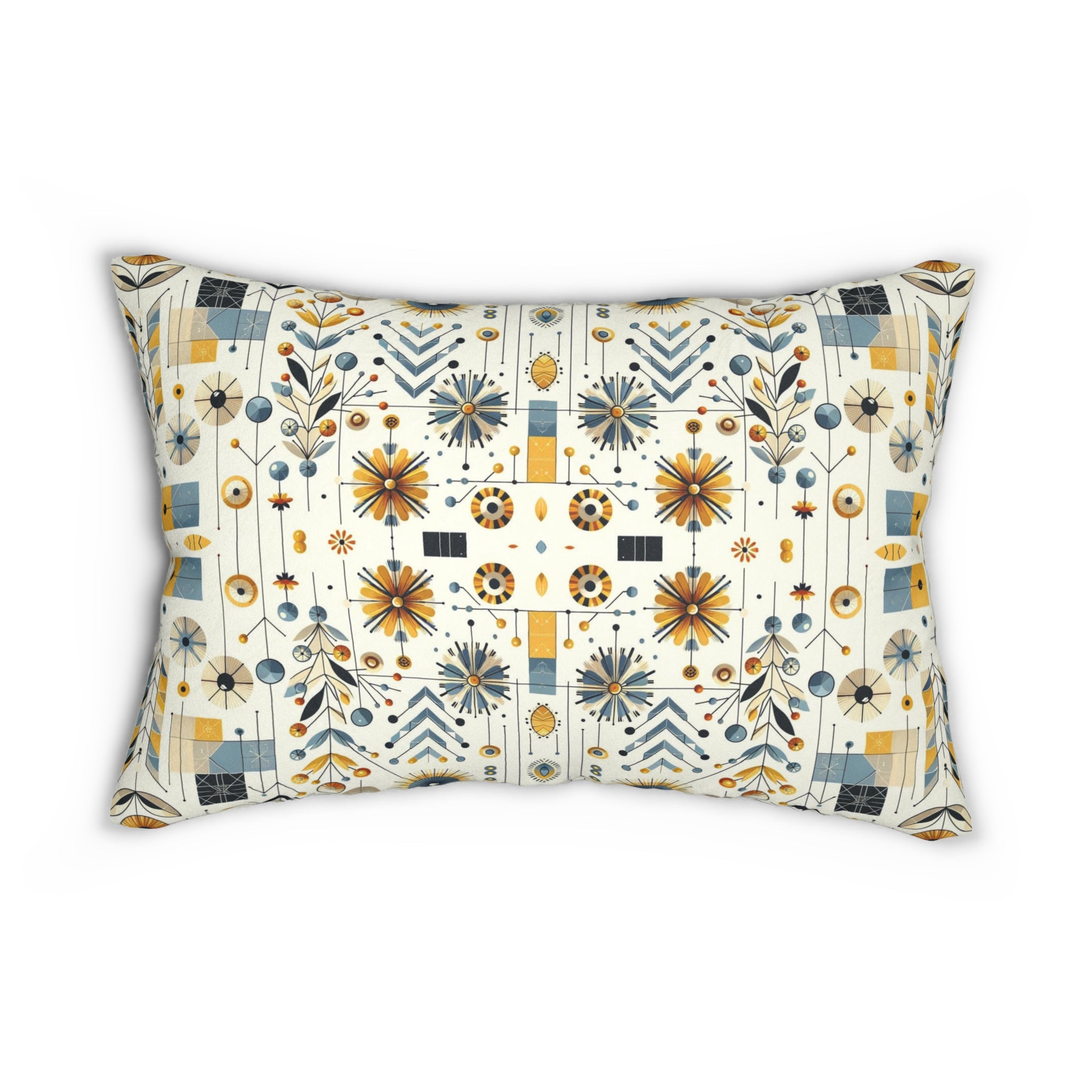 Modern Scandinavian Danish Norwegian Designed Floral Golden Yellow, Blue Mid Century Modern Lumbar Pillow - Mid Century Modern Gal