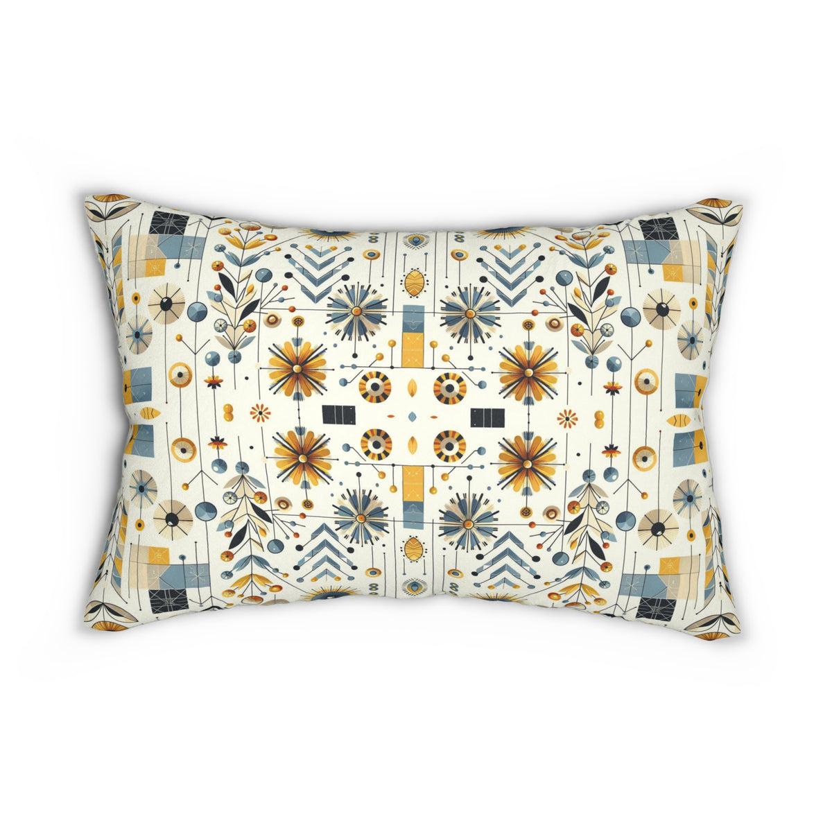 Modern Scandinavian Danish Norwegian Designed Floral Golden Yellow, Blue Mid Century Modern Lumbar Pillow - Mid Century Modern Gal