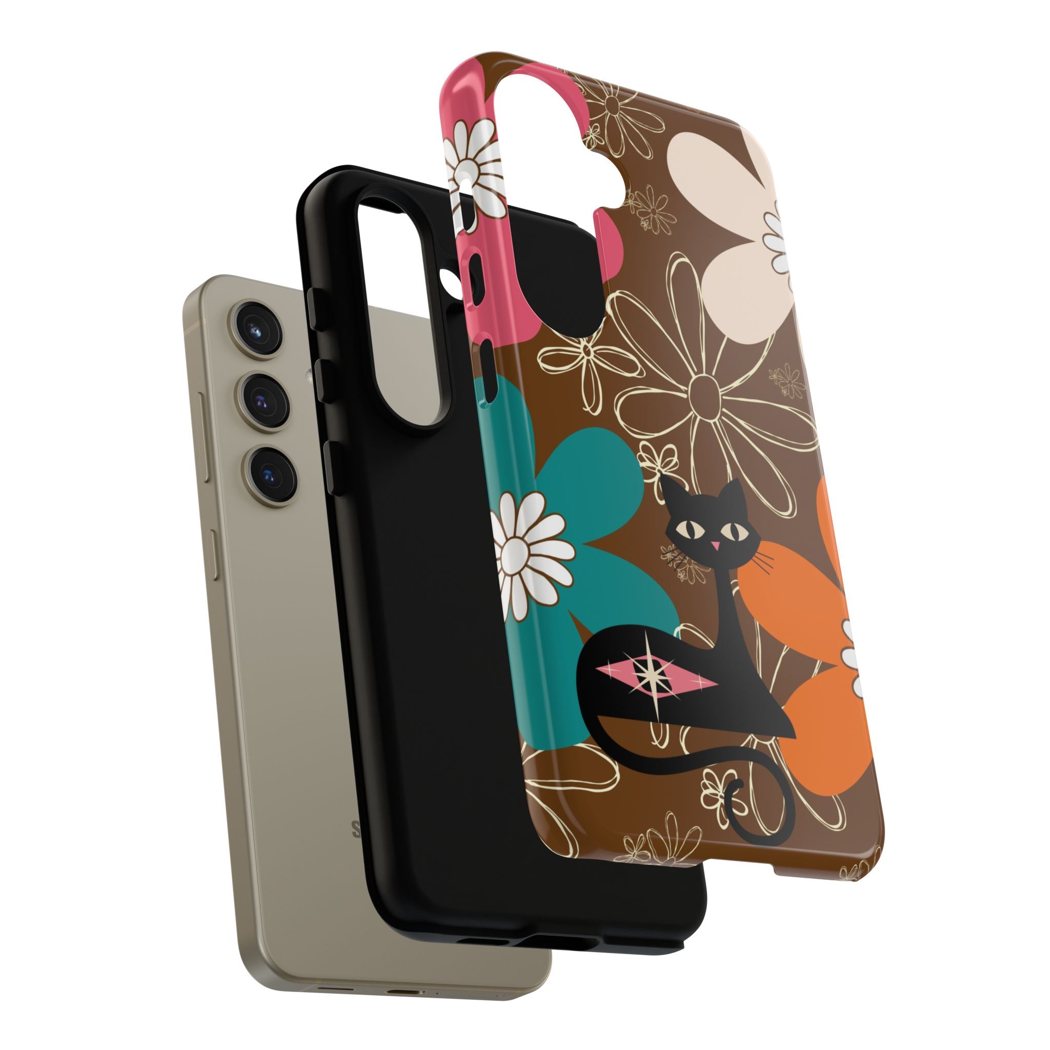 Atomic Cat Retro 70s Vibe Flower Power Tough Cases: Cute Floral and Cat Phone Case for Cat Lovers