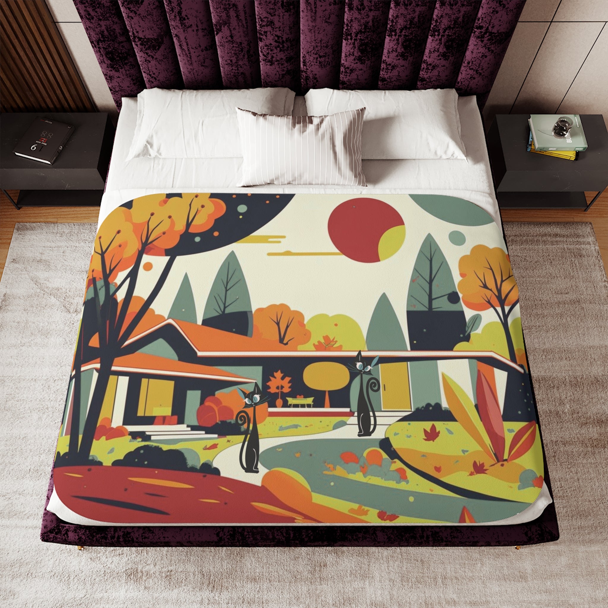 Scandinavian Floral Mid Century Modern Atomic Cat Kitschy Seasonal Sherpa Blanket - Mid Century Modern Gal