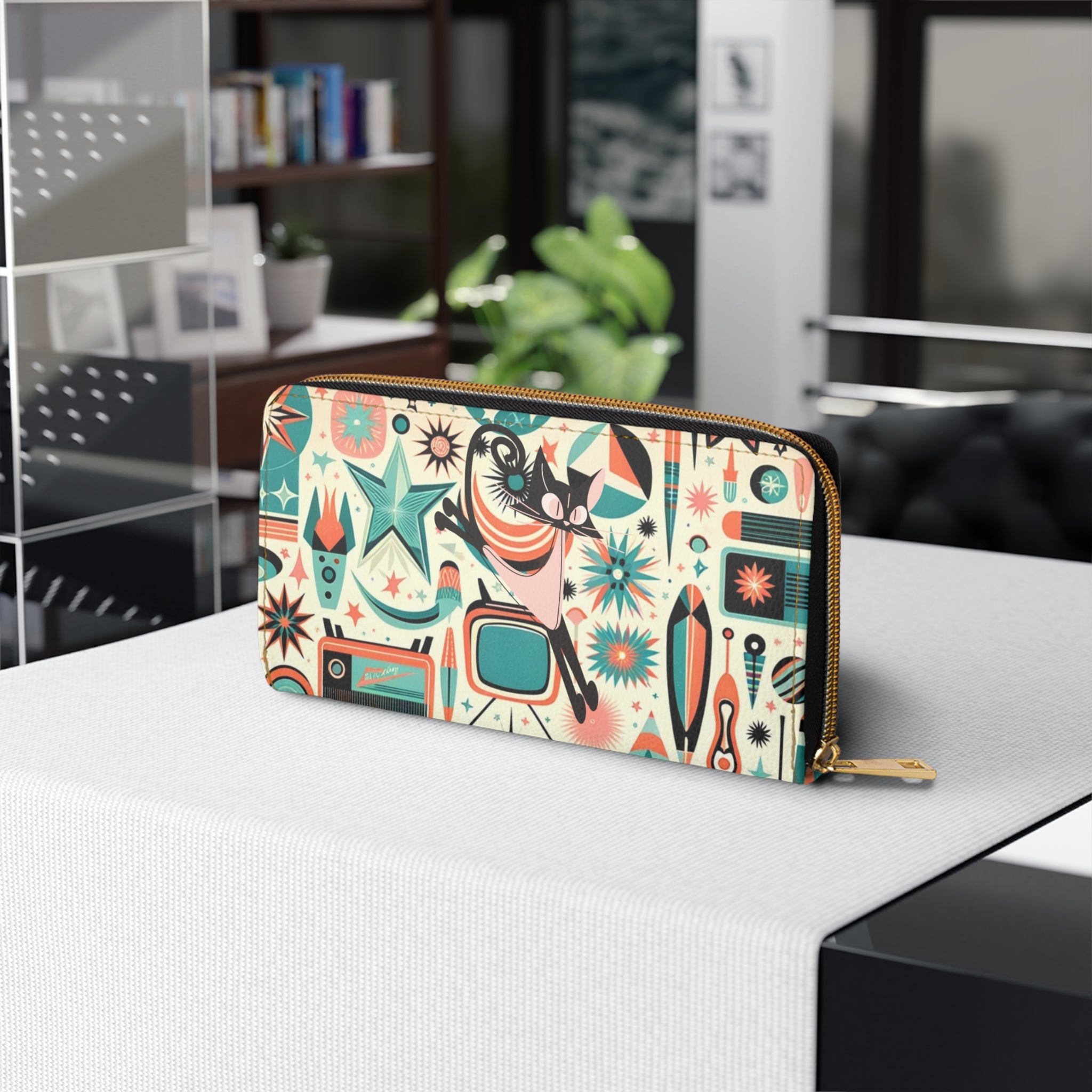 Atomic Cat Space Cat Mid Century Mod Atomic 50s Style Zipper Wallet - Mid Century Modern Gal