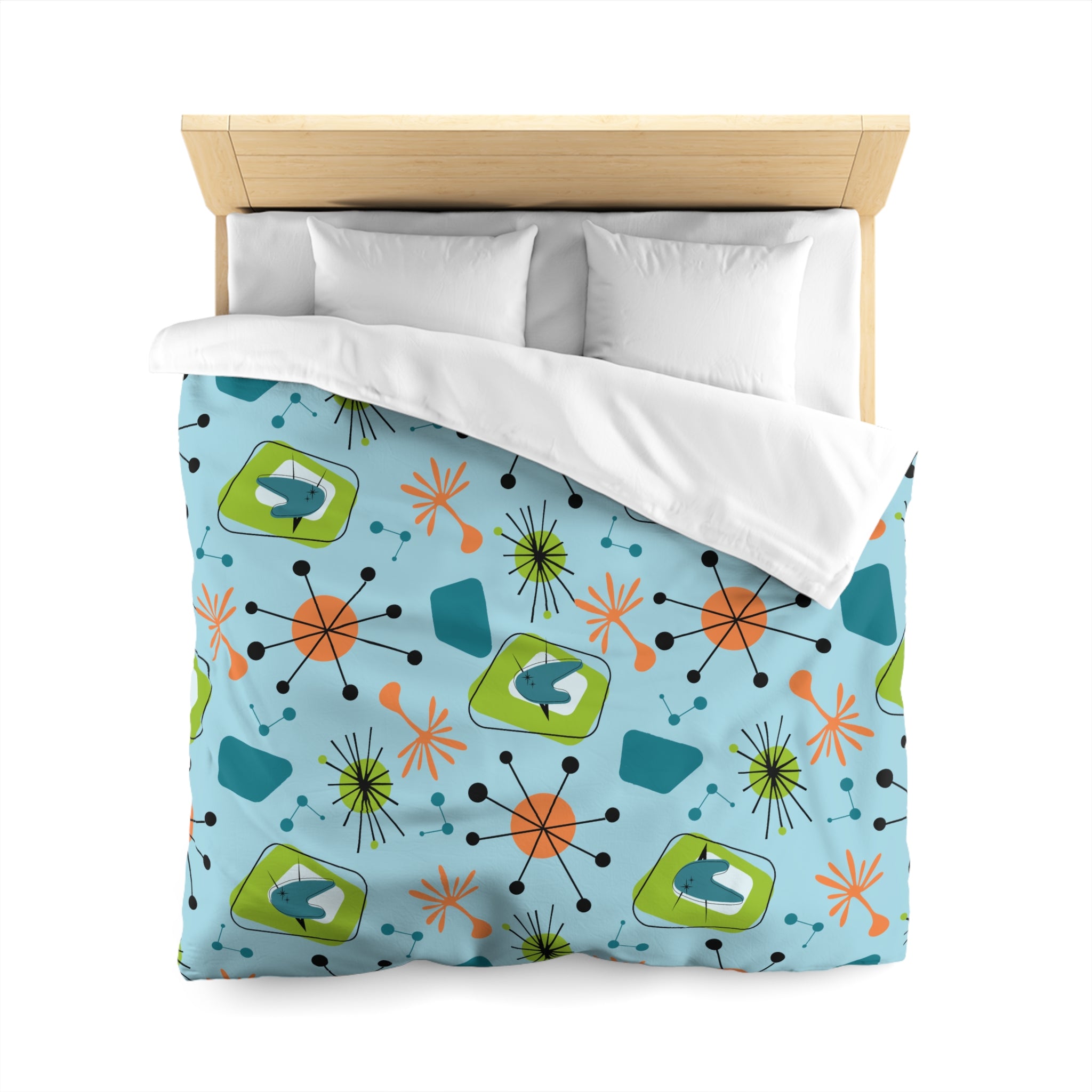 Mid Century Modern Duvet Cover, Atomic Starbursts Boomerangs, Orange, Blue, Green Duvet Cover - Mid Century Modern Gal