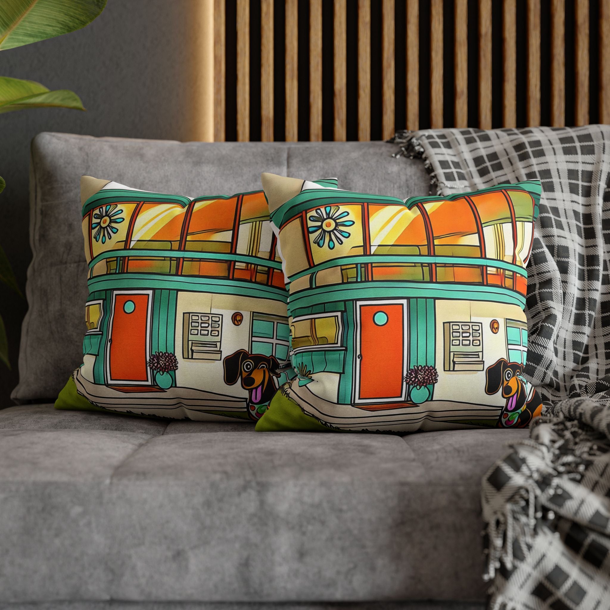 Doxie Dog Dwelling, Kitschy Mid Century Modern Pillow COVER Only - Mid Century Modern Gal