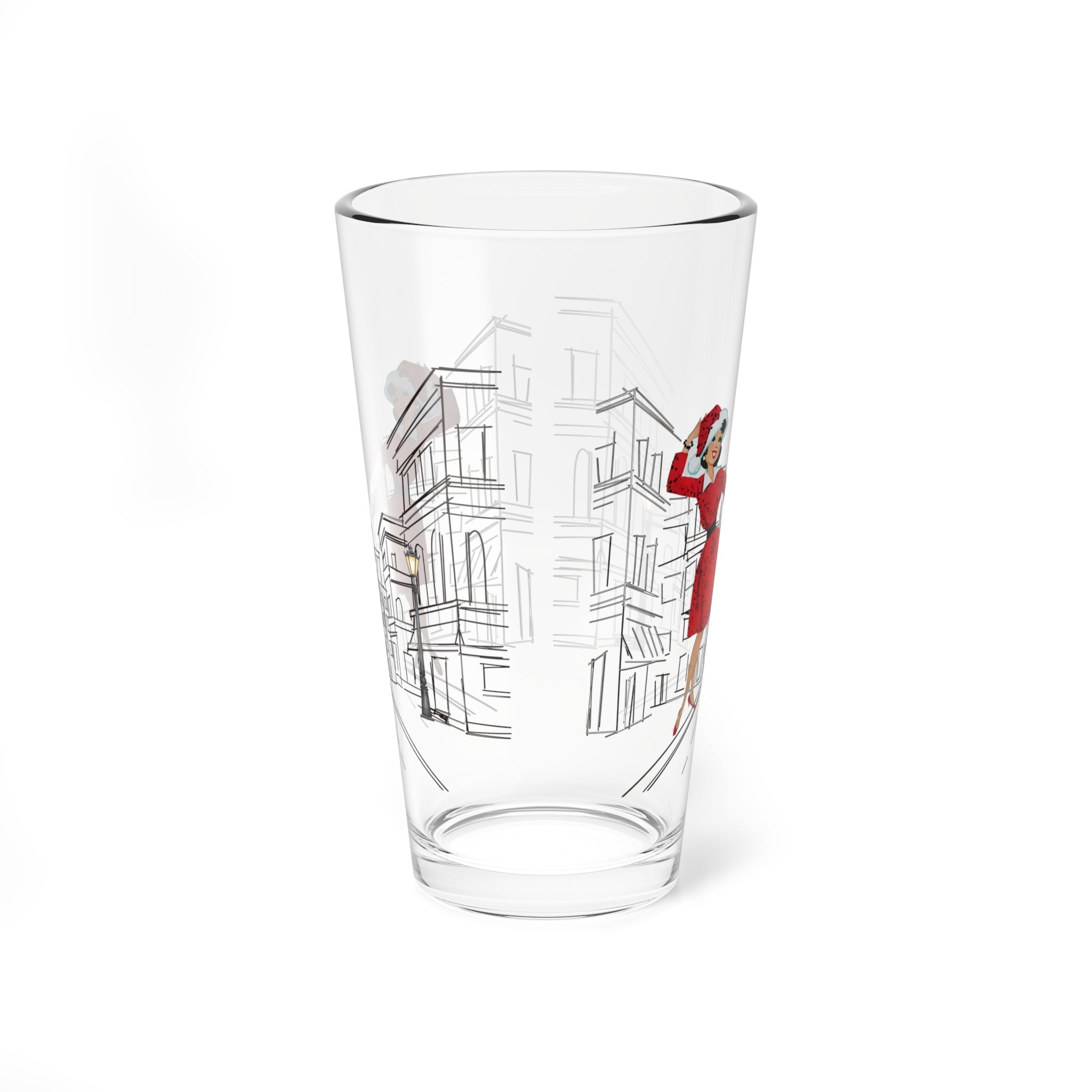 Mid Century Modern Christmas Kitsch Mod City Gal Charming 16oz Mixing Glass with Vintage Street Design - Mid Century Modern Gal