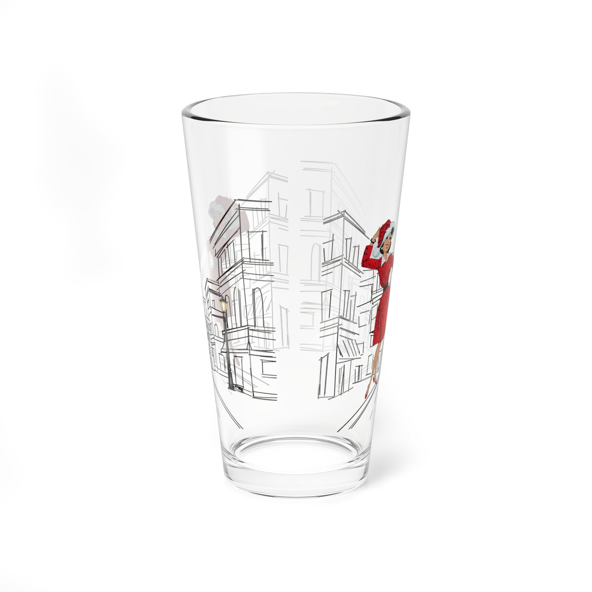 Mid Century Modern Christmas Kitsch Mod City Gal Charming 16oz Mixing Glass with Vintage Street Design - Mid Century Modern Gal