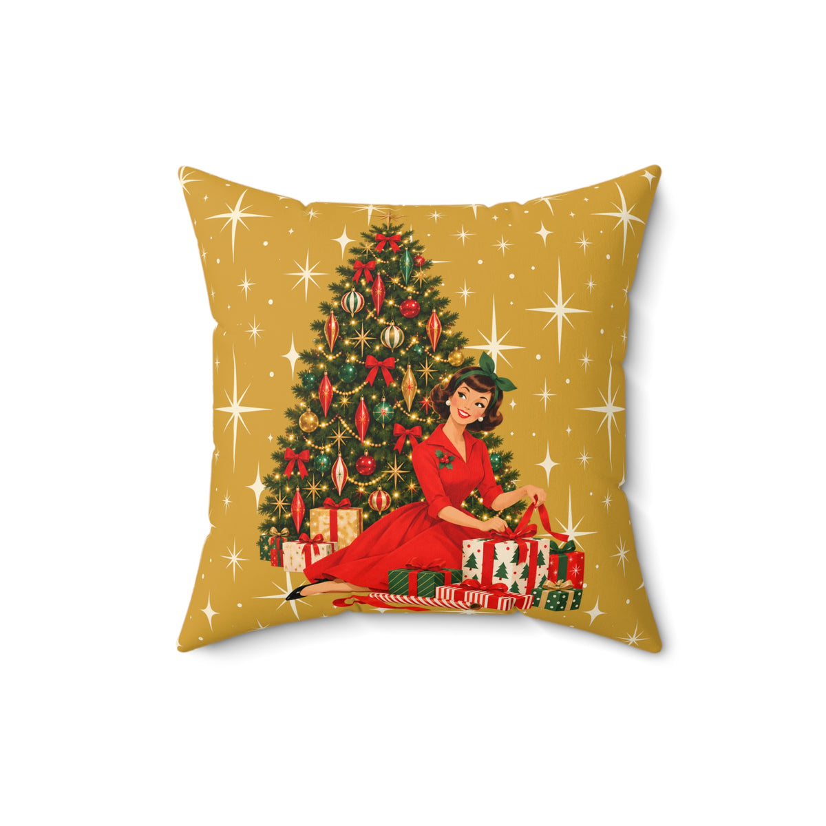 Mid Century Modern Christmas Glamour Gal Wrapping Presents by Tree, Gold Atomic Starbursts Pillow Cover and Insert - Mid Century Modern Gal