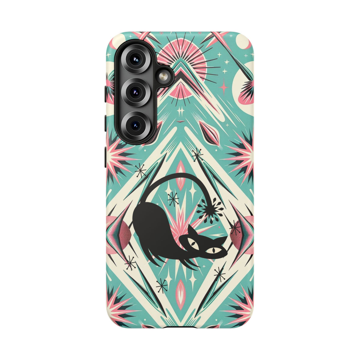 Atomic Cat, Mid Century Modern Aqua Blue, Pink, Starbursts Tough Phone Case