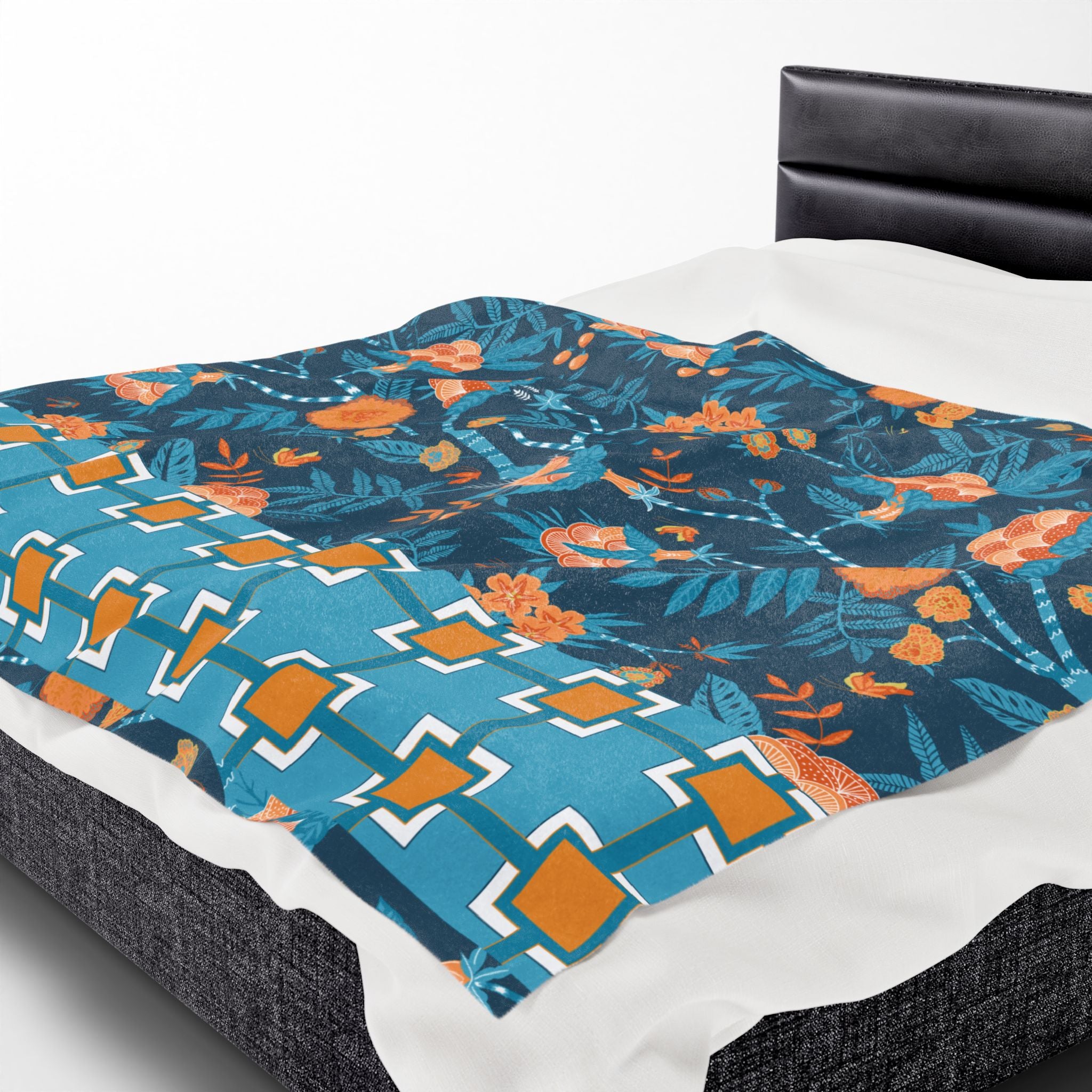 Chinoiserie Throw Blanket Blue, Orange Tropical Floral Velveteen Plush Blanket - Cozy Home Decor for All Seasons - Mid Century Modern Gal