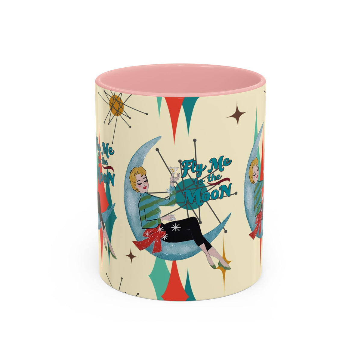 Mid Century Modern Retro Christmas Mug, 'Fly Me to the Moon' Accent Coffee Mug - Vintage Vibe for Coffee Lovers - Mid Century Modern Gal