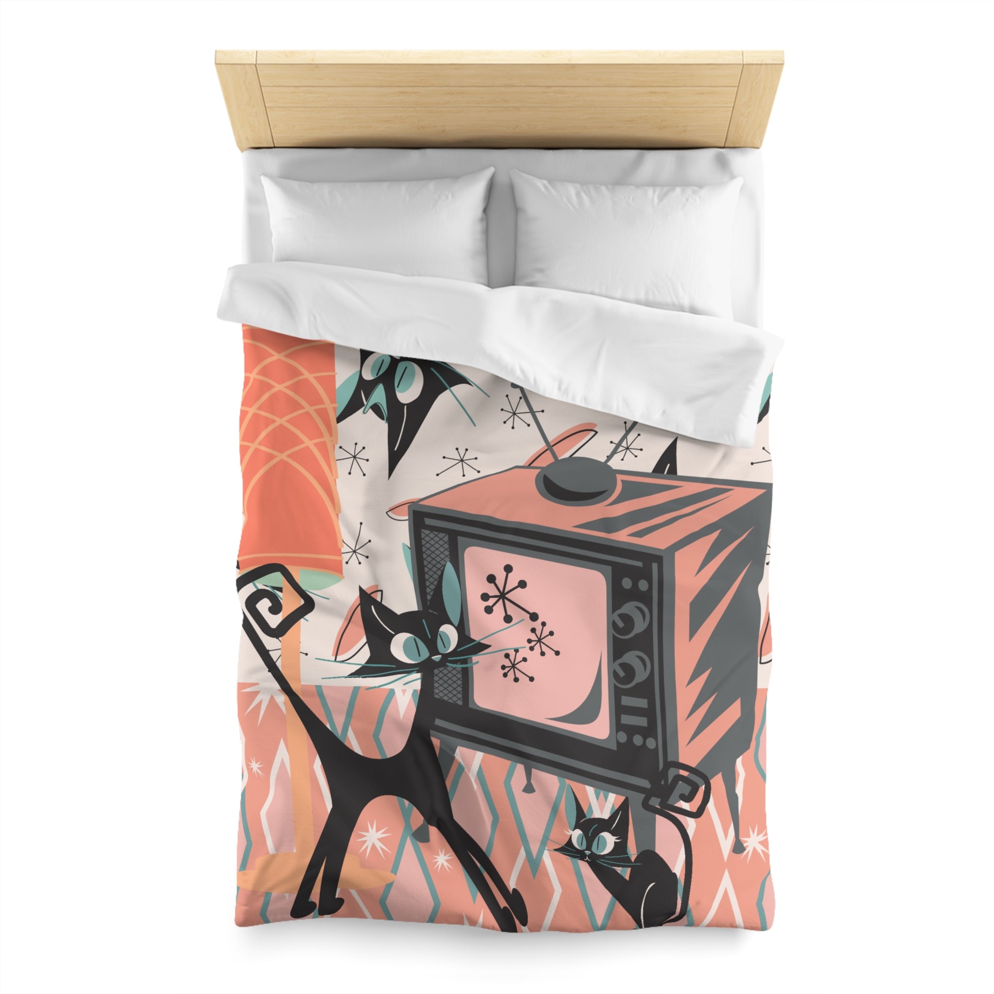Mid Century Modern Bedding, Atomic Kitschy Cat, Retro TV, Whimsical Fun Quirky Bedroom Decor, In Coral Pink, Teal, Creamy Beige - Mid Century Modern Gal