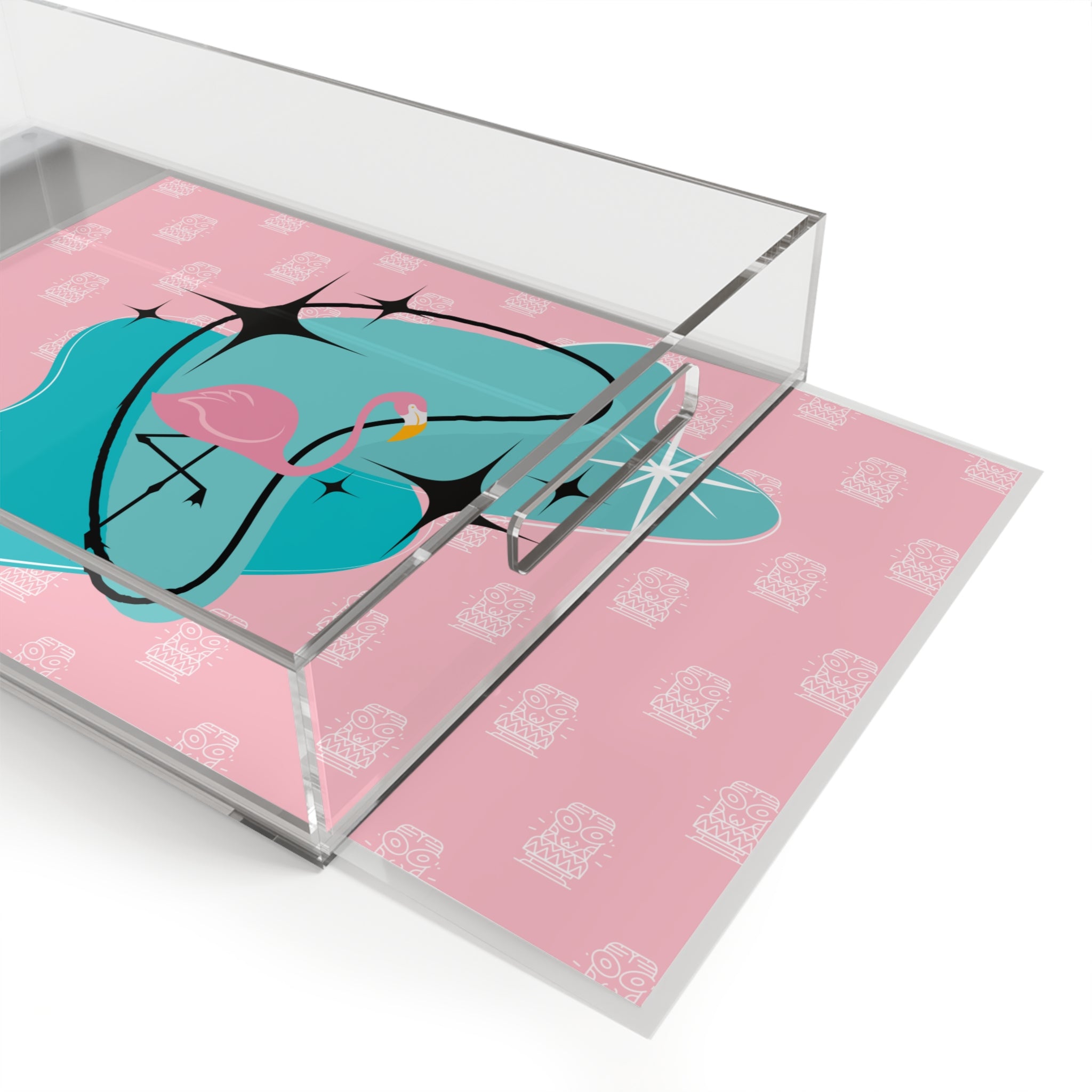 Pink Flamingo, Retro Tiki Pink, Aqua Blue Ottomon Acrylic Serving Tray - Mid Century Modern Gal