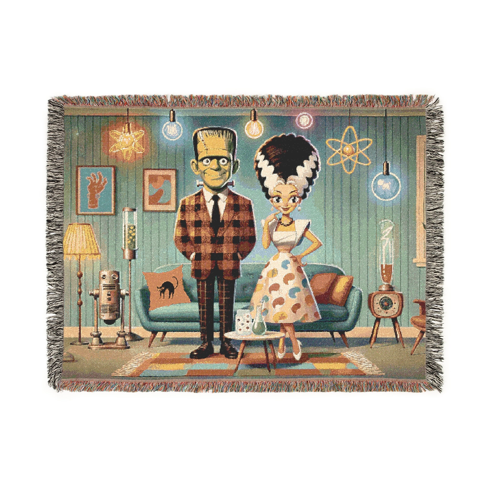 Frankenstein And Bride Woven Blanket, Kitschy Mid Mod Style - Mid Century Modern Gal