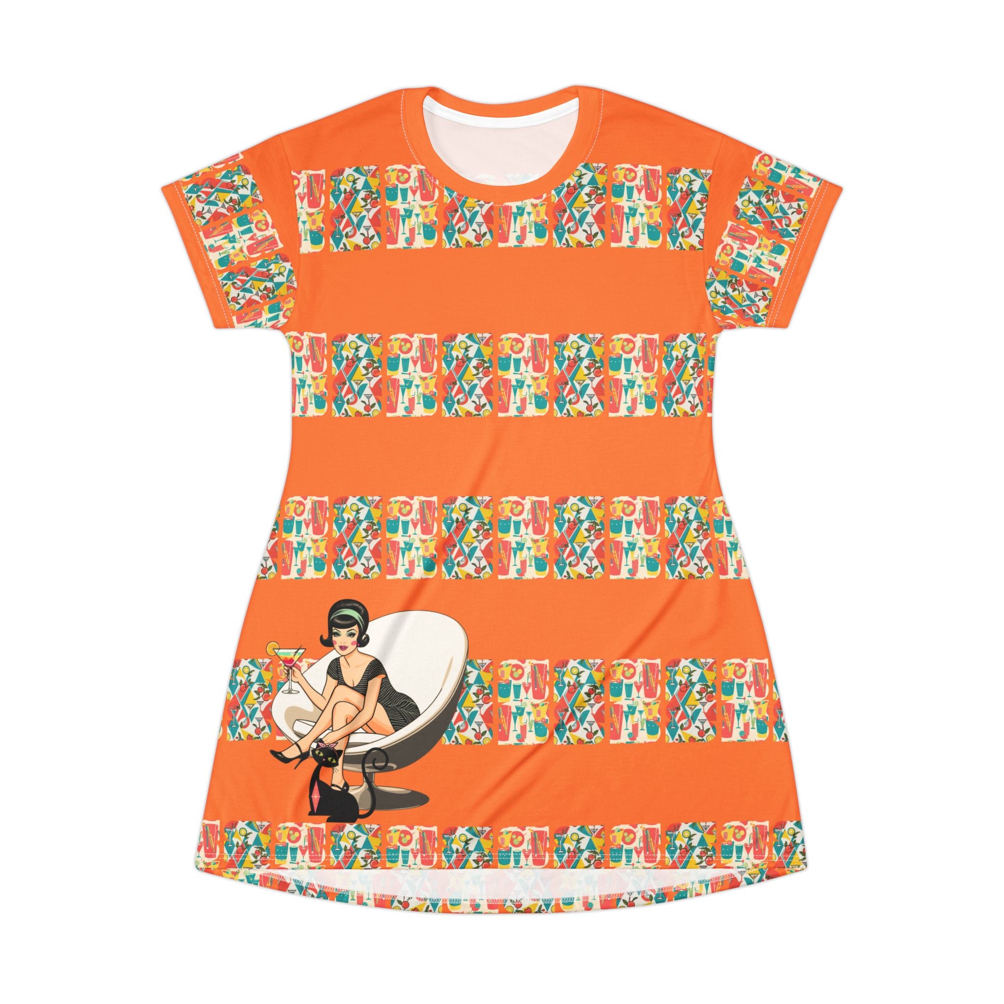 Atomic 60s Mod Gal, Cocktail Hour Retro Vibes T-Shirt Dress With Colorful Print - Mid Century Modern Gal