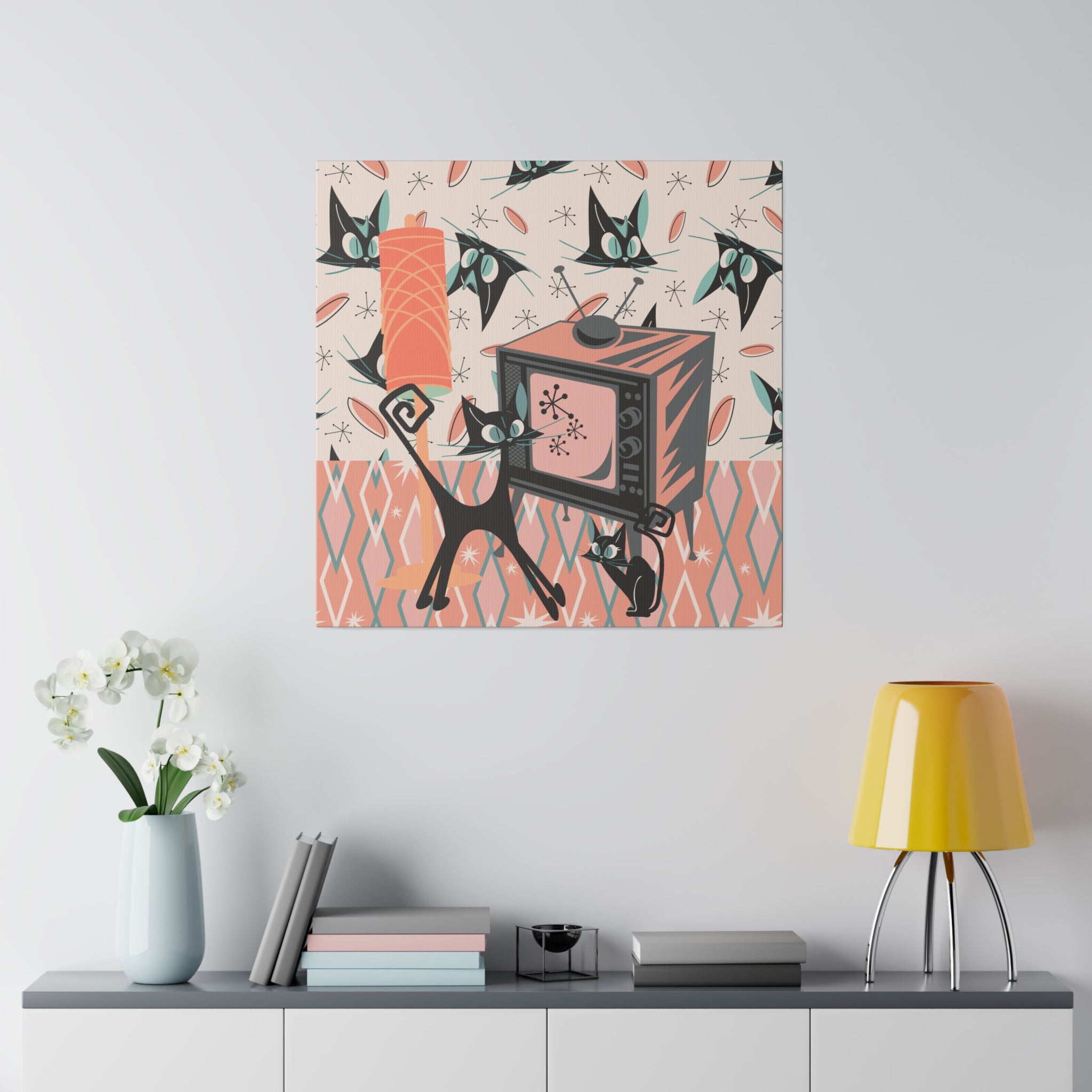 Atomic Cat Art, Quirky, Kitschy Whimsical Kittie Lover, Retro TV, Coral, Peach, Teal Blue, Mid Century Modern Wall Art - Mid Century Modern Gal