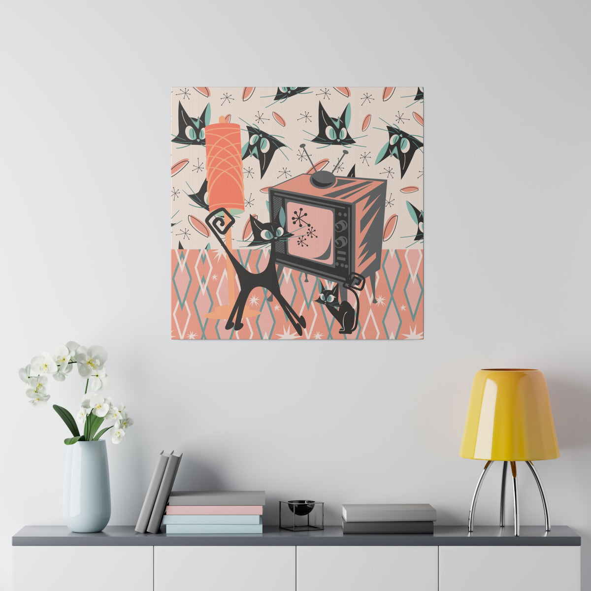 Atomic Cat Art, Quirky, Kitschy Whimsical Kittie Lover, Retro TV, Coral, Peach, Teal Blue, Mid Century Modern Wall Art - Mid Century Modern Gal