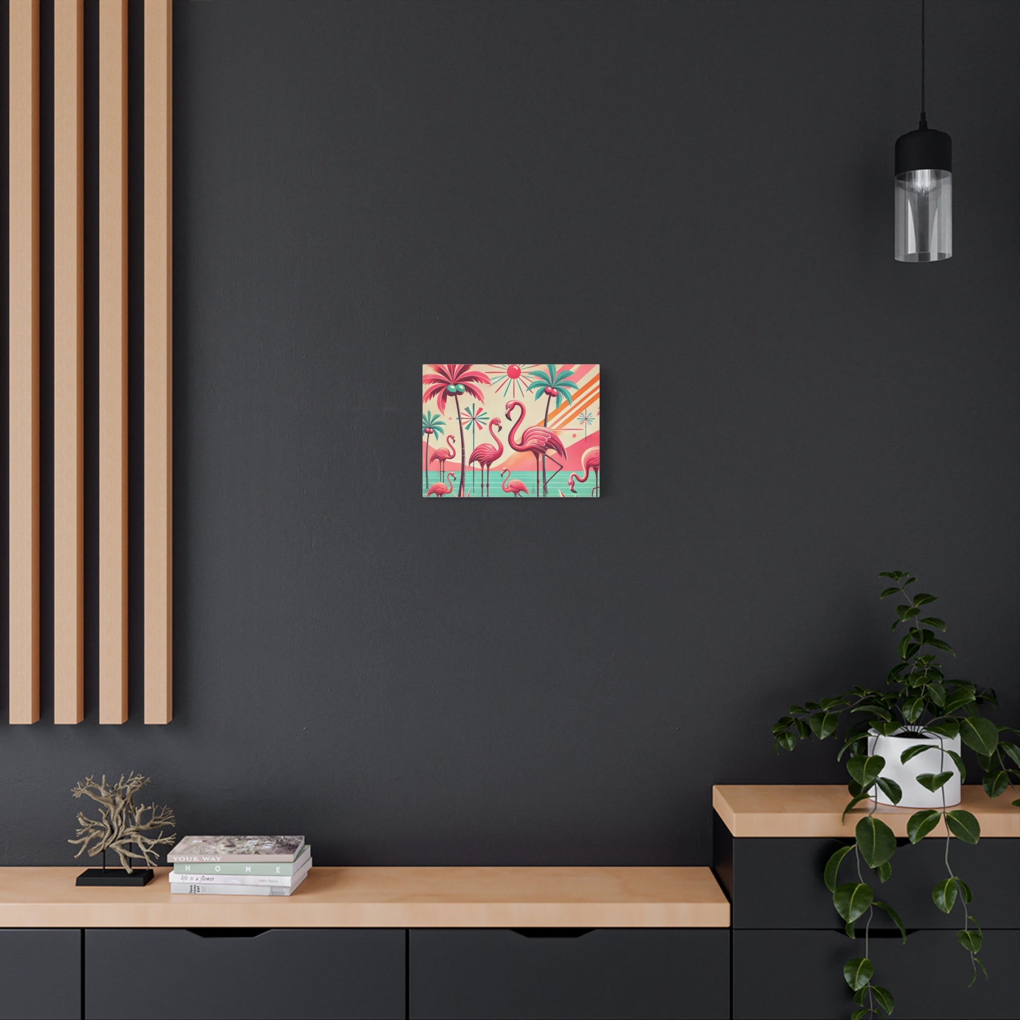 1950s Mid Century Modern Flamingo Art, Kitschy Pink, Teal, MCM Matte Canvas - Mid Century Modern Gal