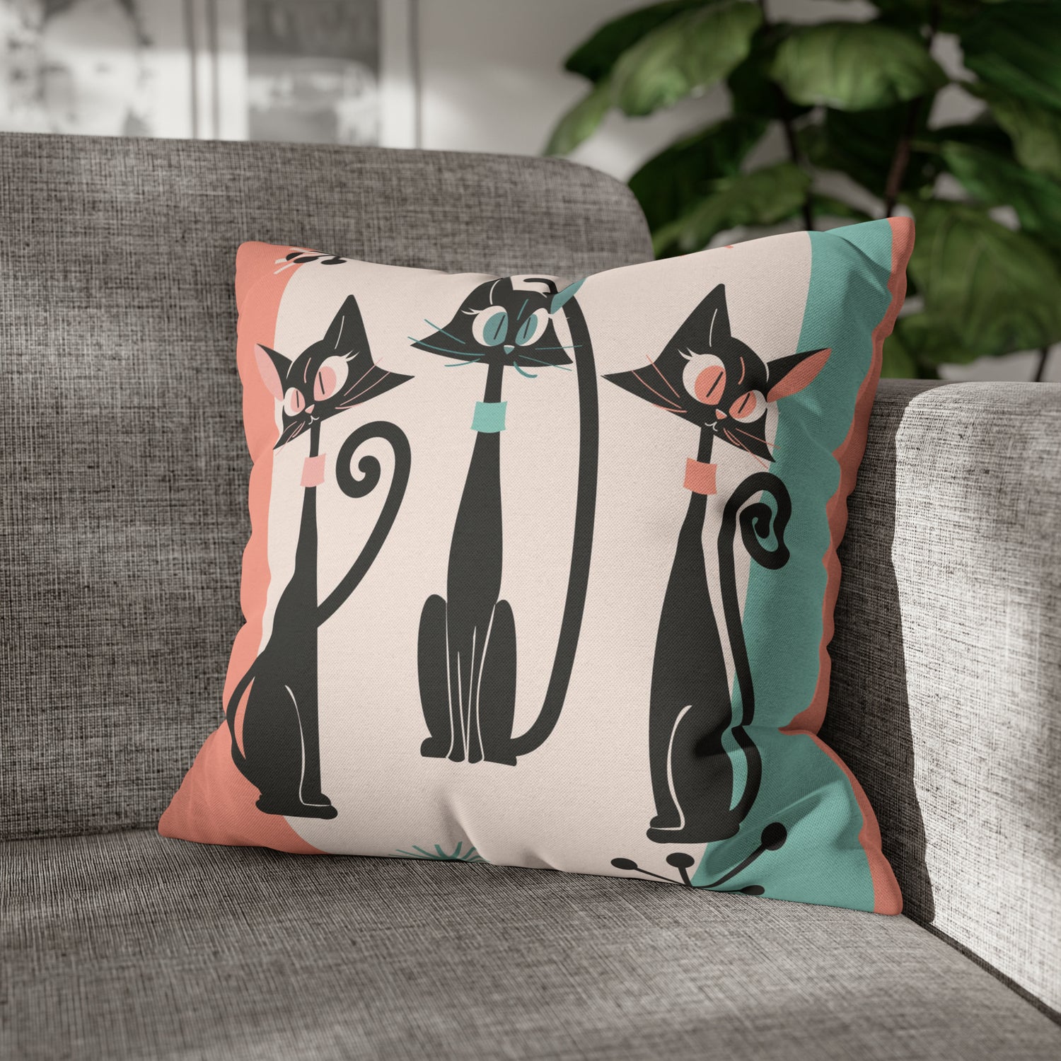 Atomic Cat Pillow, Kitschy 50s Mid Century Modern Style, Coral, Aqua, Creamy Beige, Retro MCM Atomic Home Living Pillow COVER - Mid Century Modern Gal