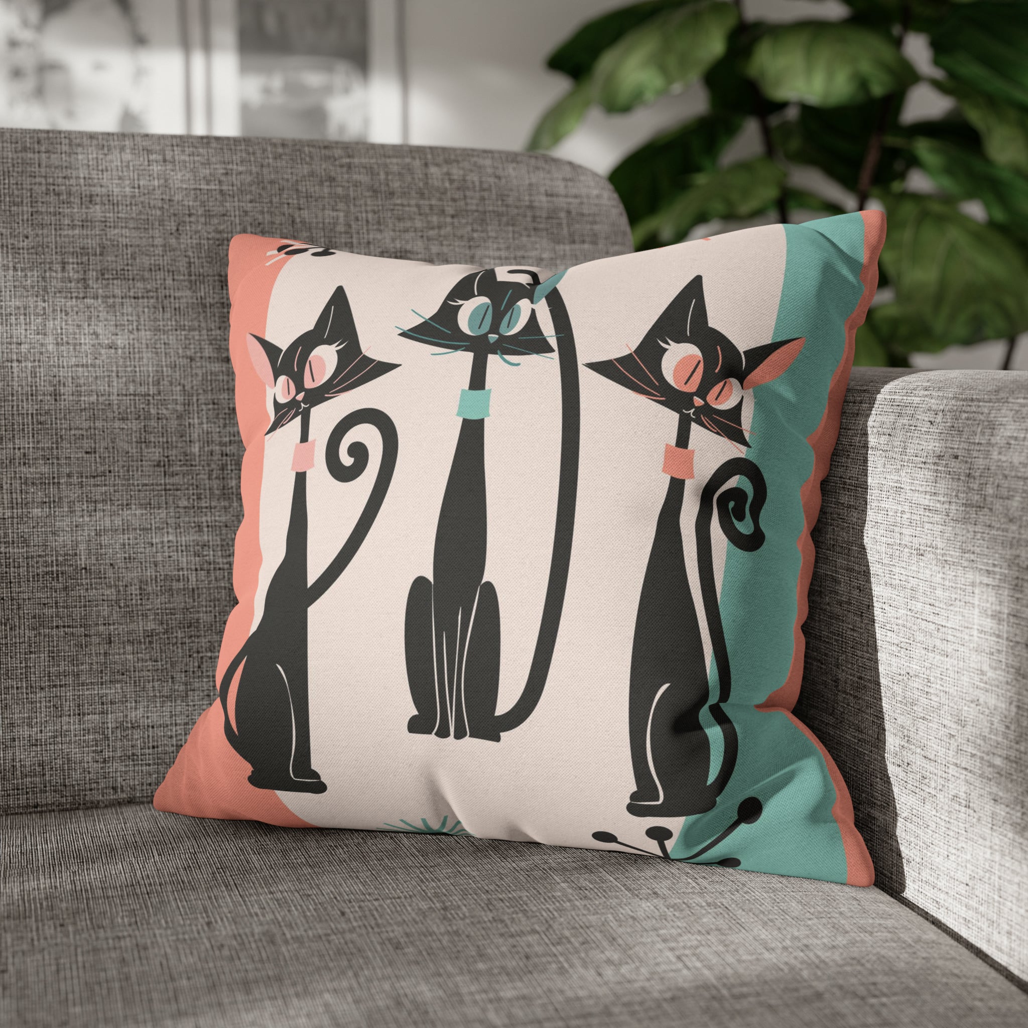 Atomic Cat Pillow, Kitschy 50s Mid Century Modern Style, Coral, Aqua, Creamy Beige, Retro MCM Atomic Home Living Pillow COVER - Mid Century Modern Gal