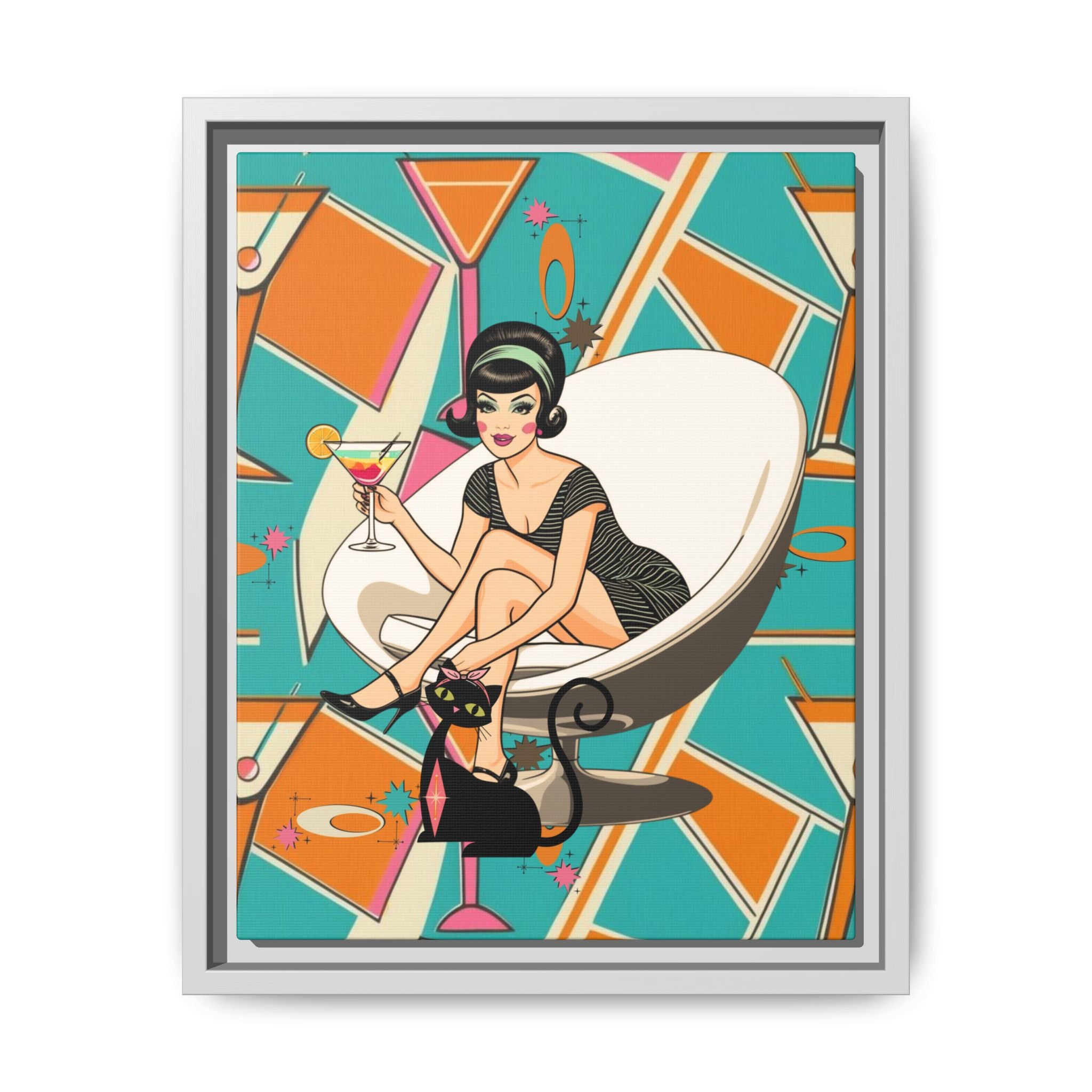 Mid Mod 60s Gal, Atomic Cat Barware Wall Art - Framed Matte Canvas with Vintage Cocktail And Retro Cat Design - Mid Century Modern Gal