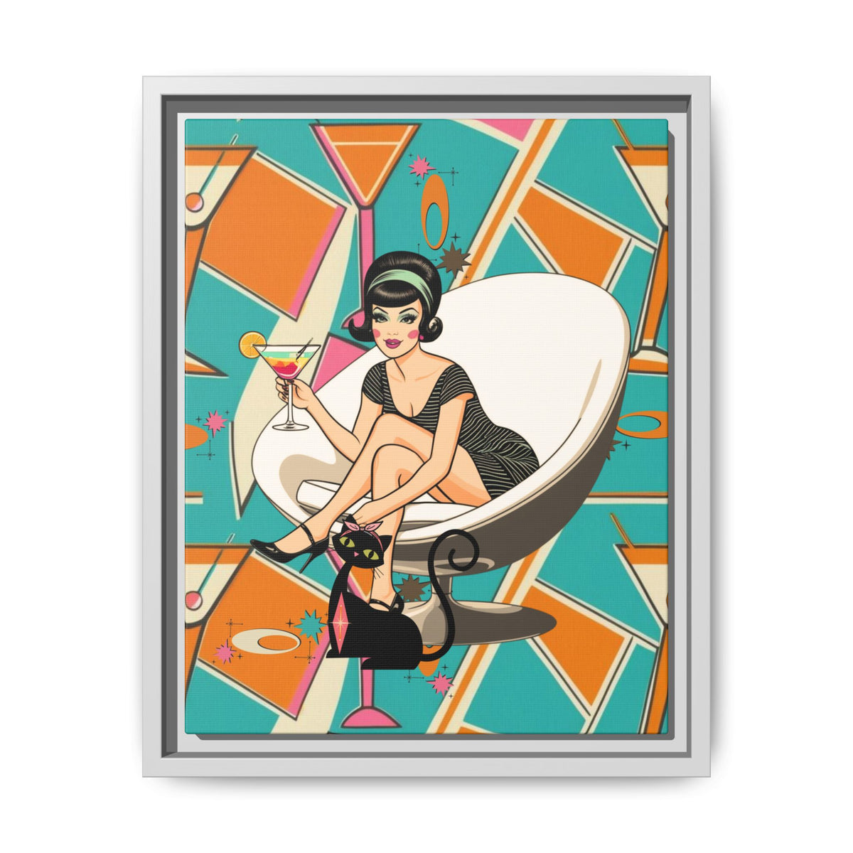 Mid Mod 60s Gal, Atomic Cat Barware Wall Art - Framed Matte Canvas with Vintage Cocktail And Retro Cat Design - Mid Century Modern Gal