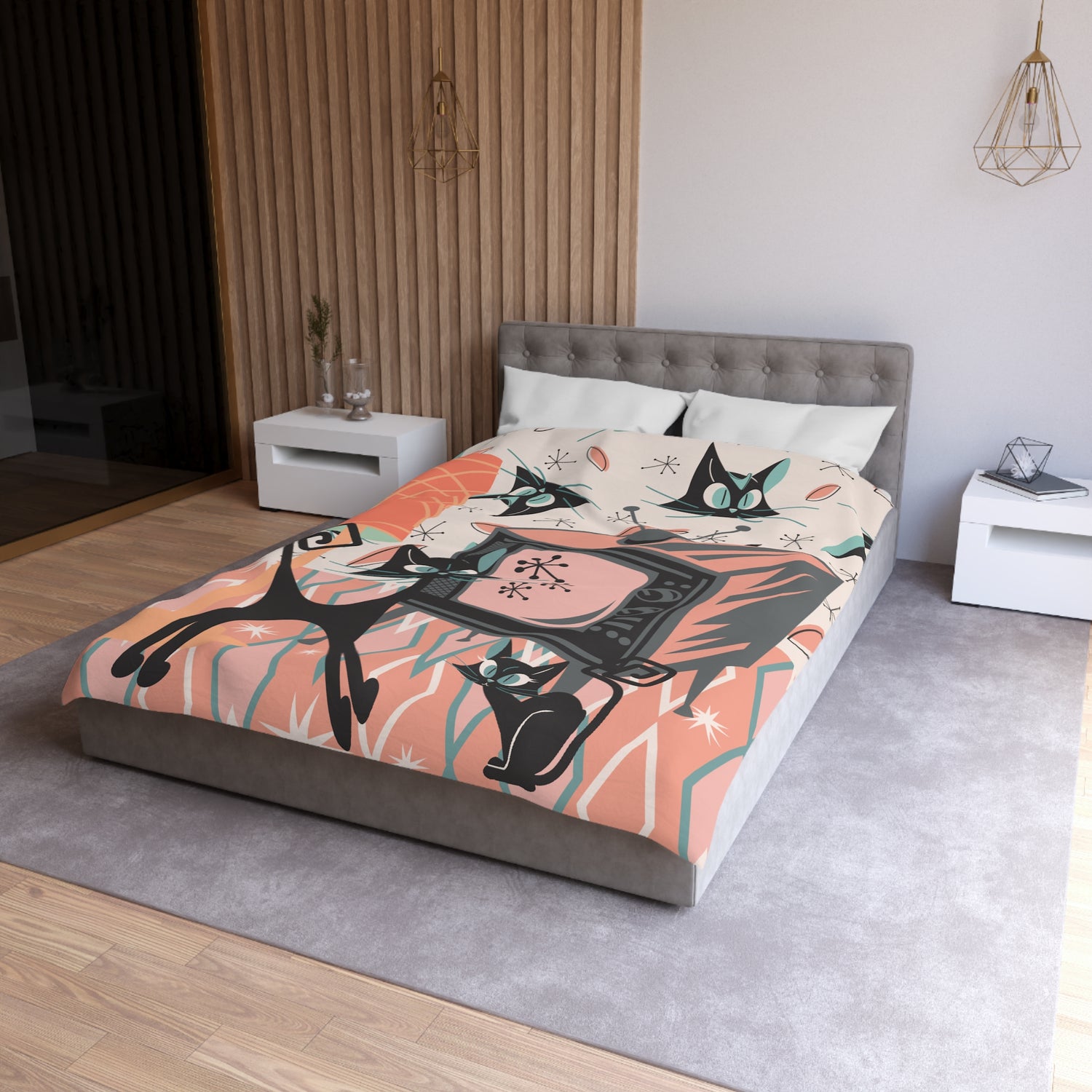 Mid Century Modern Bedding, Atomic Kitschy Cat, Retro TV, Whimsical Fun Quirky Bedroom Decor, In Coral Pink, Teal, Creamy Beige - Mid Century Modern Gal