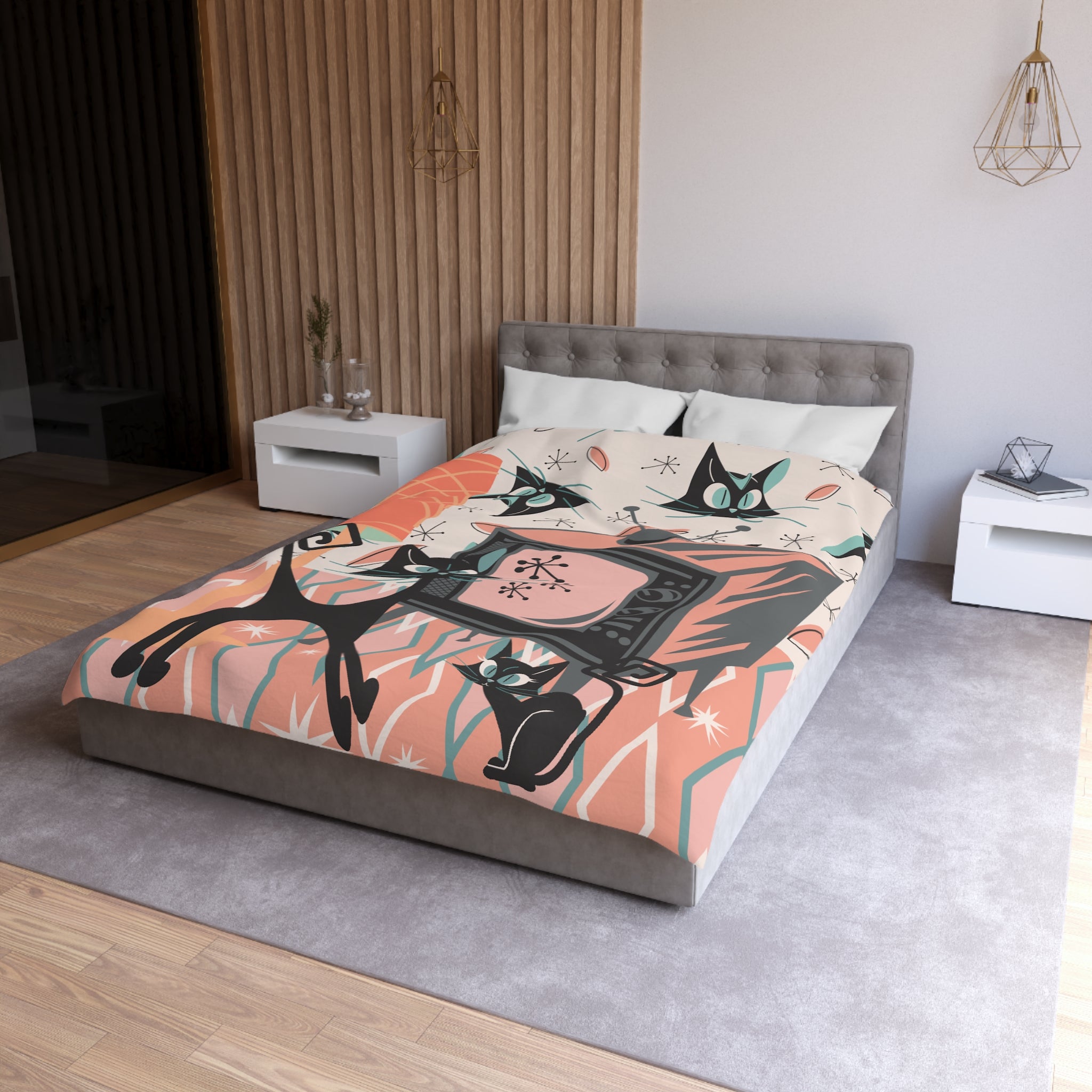 Mid Century Modern Bedding, Atomic Kitschy Cat, Retro TV, Whimsical Fun Quirky Bedroom Decor, In Coral Pink, Teal, Creamy Beige - Mid Century Modern Gal