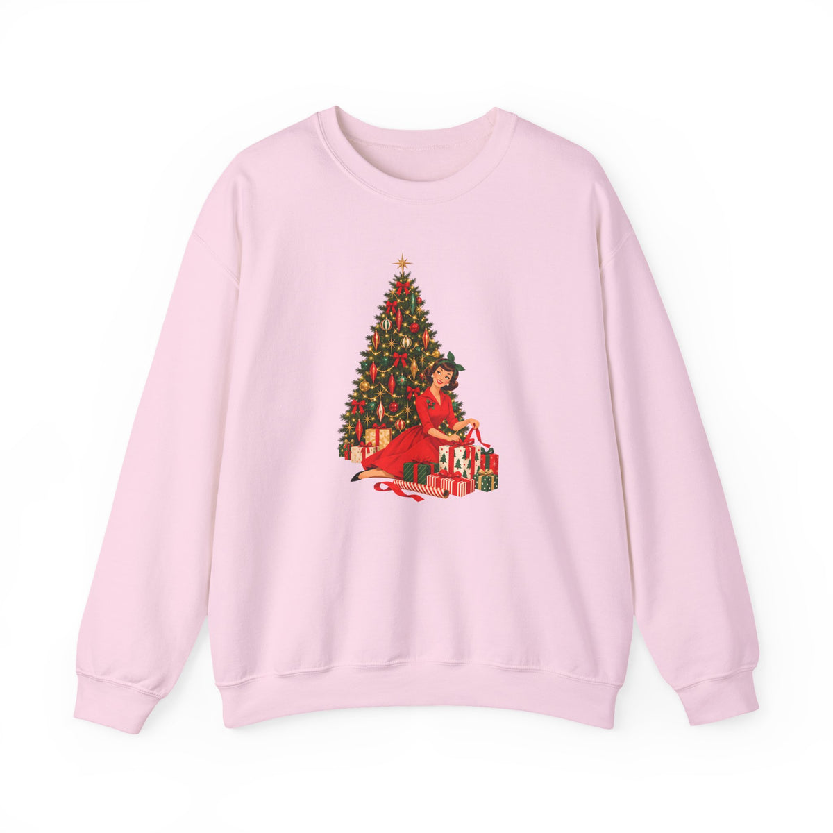 Mid Century Modern Christmas Glamour Gal Wrapping Presents by Tree Unisex Heavy Blend™ Crewneck Sweatshirt - Mid Century Modern Gal