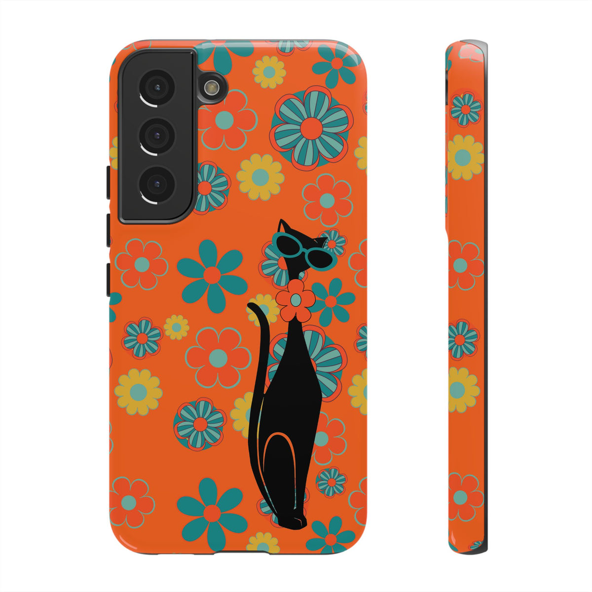 Flower Power, Retro Groovy Atomic Cat, Hipster Style Orange Samsung Galaxy and Google Pixel Tough Cases - Mid Century Modern Gal