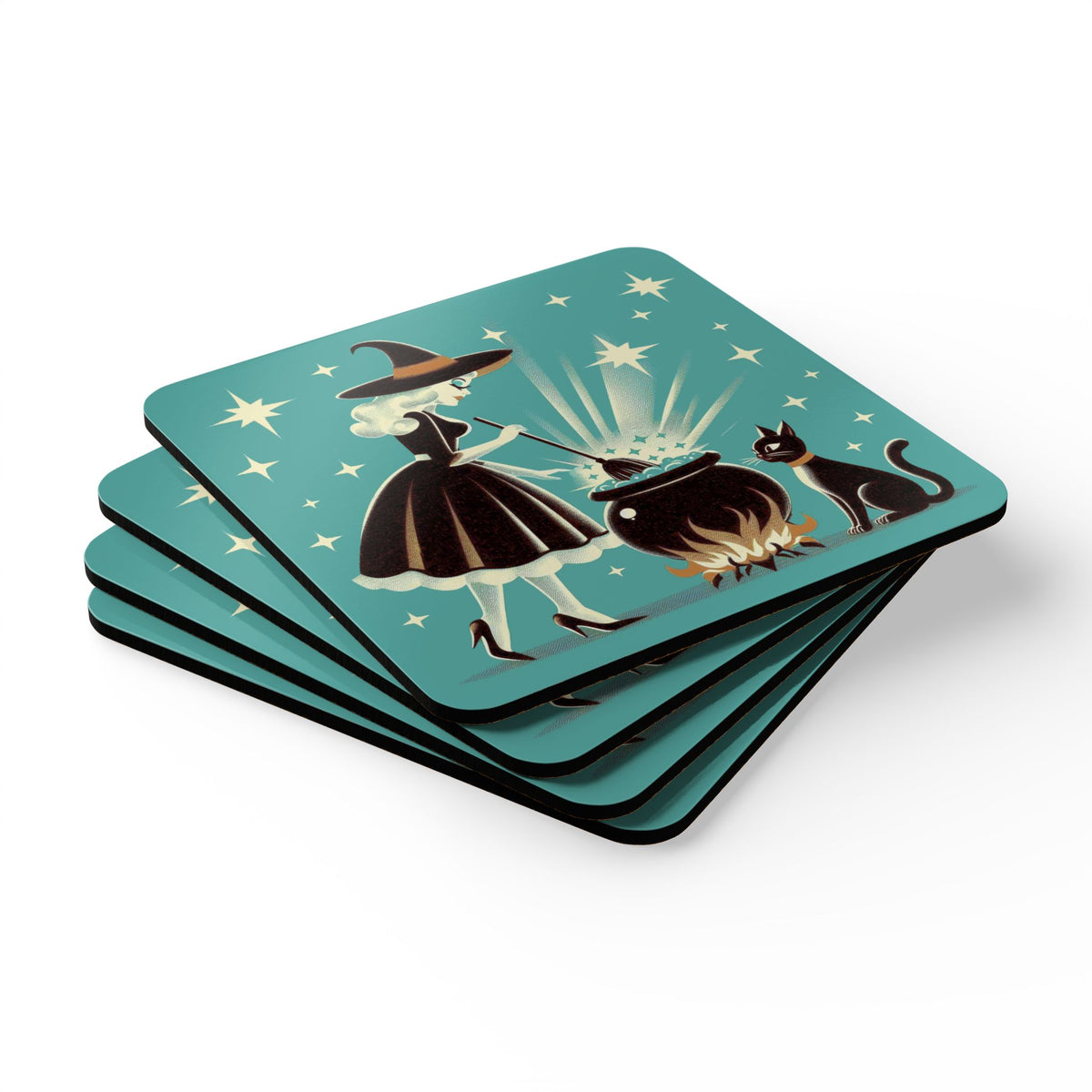 Witch's Brew Mid Century Modern Halloween Gothic Teal Corkwood Coaster Set - Mid Century Modern Gal