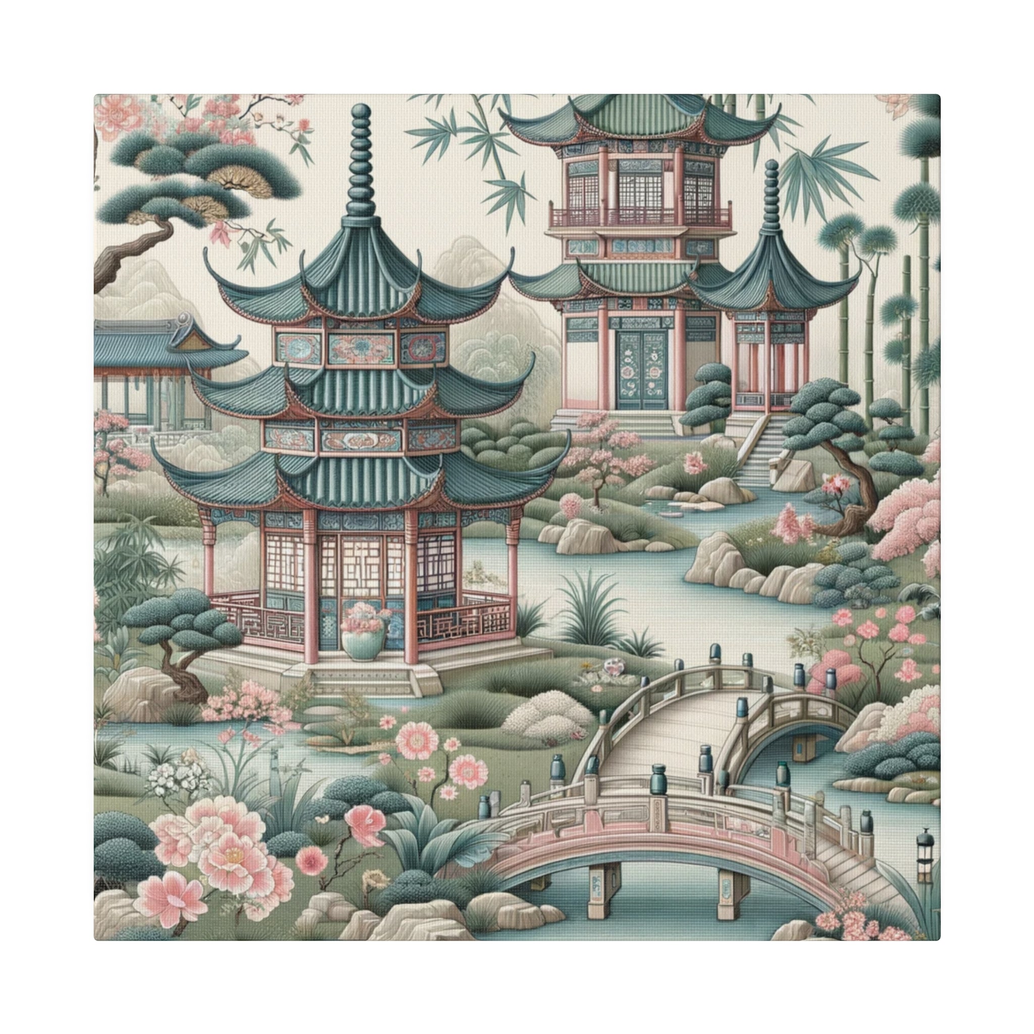 Chinoiserie Wall Art, Pagodas, Rivers, Pastel Southern Elegance Wall Art Matte Canvas - Mid Century Modern Gal