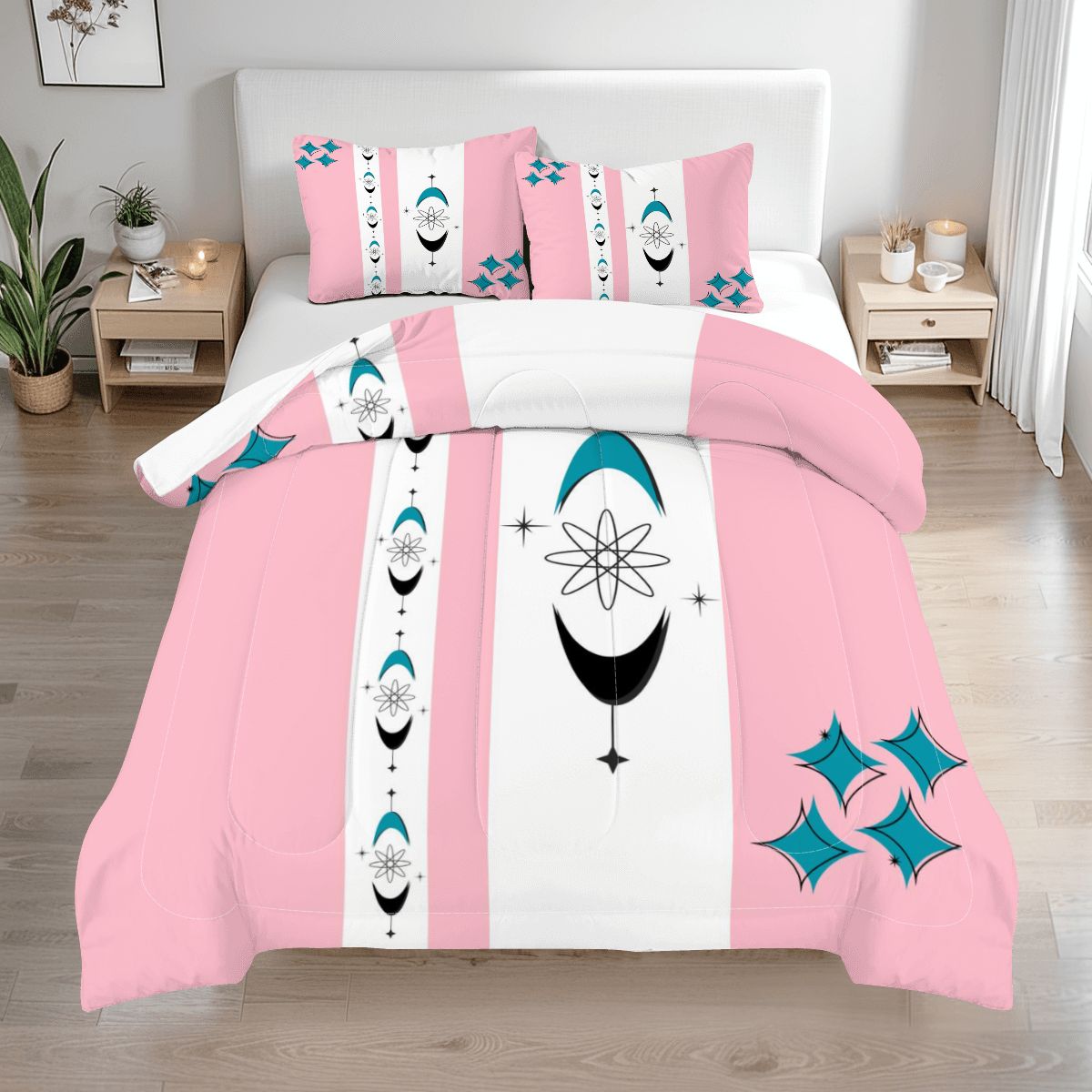 Mid Century Modern Atomic Pink Starburst Retro Mod Queen Comforter Set - Mid Century Modern Gal