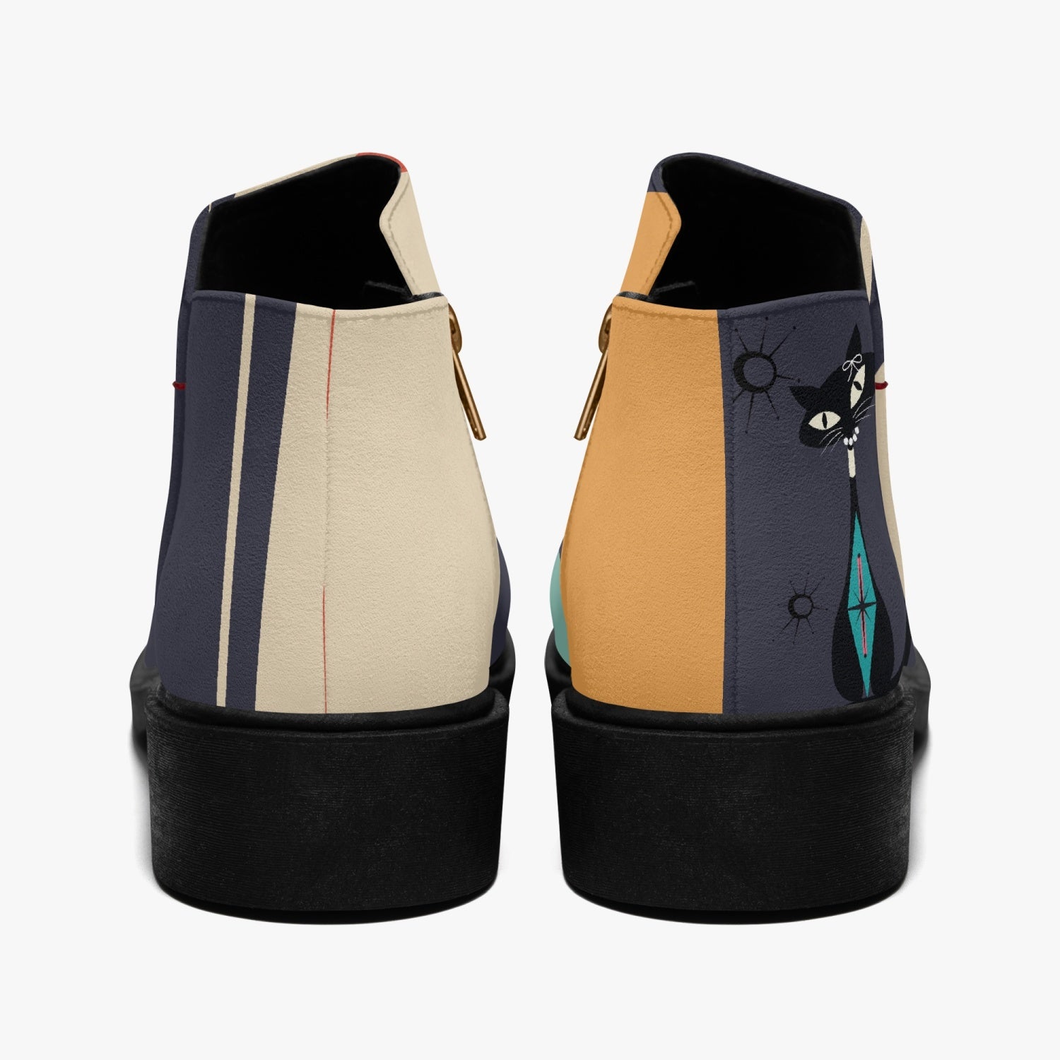 Mid Century Modern Fashion Shoe Boots With Kitschy Atomic Cat On Heel - Mid Century Modern Gal