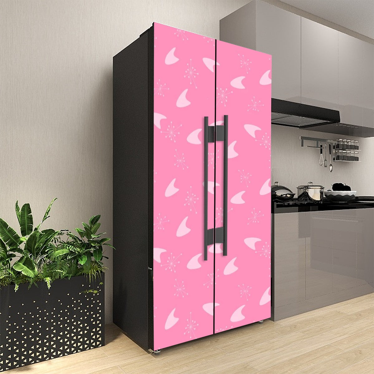 Atomic Pink Boomerang Retro Mid Mod Self Adhesive Refrigerator Wrap Set - Mid Century Modern Gal