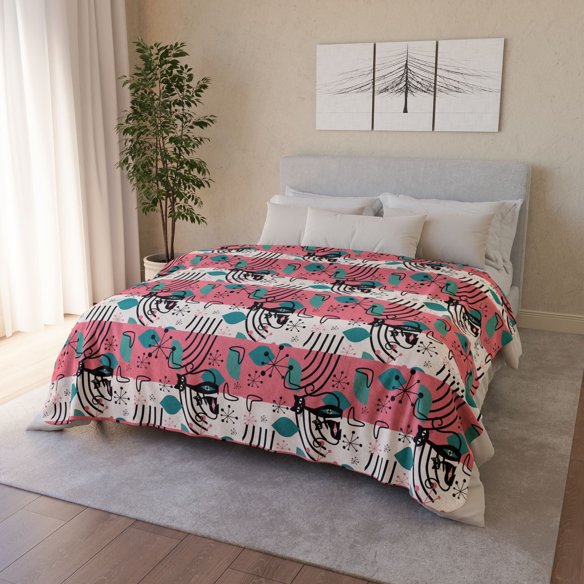 Mid-Century Modern Atomic Cat Pink Teal Retro Cat Fleece Sherpa Blanket - Cozy & Stylish - Mid Century Modern Gal