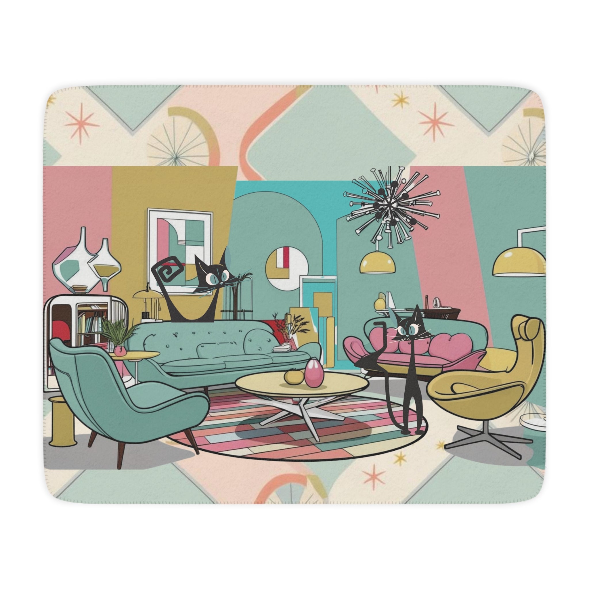 Atomic Cats, Lounging Cozy Cat Mid Century Modern Kitschy Mod Blanket - Mid Century Modern Gal