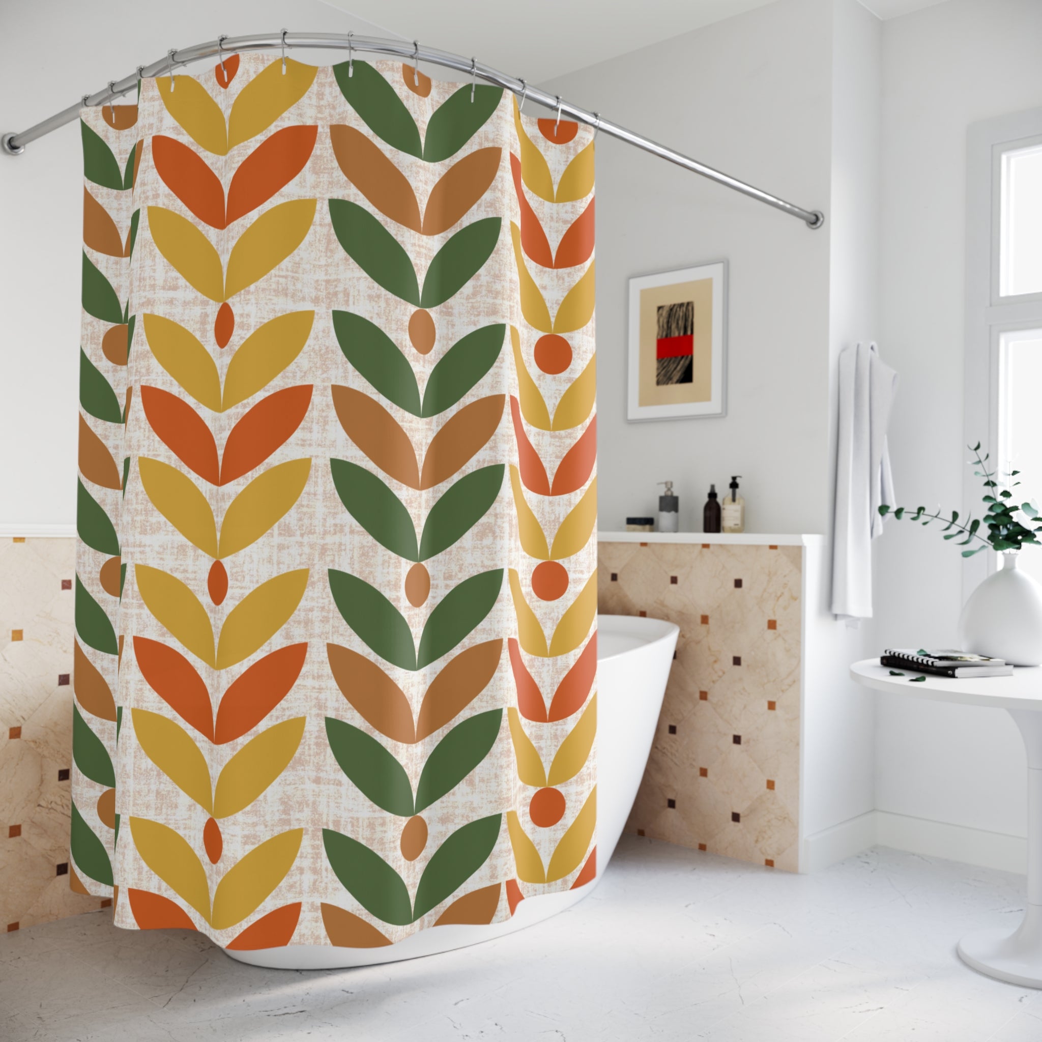 Retro Scandinavian Modern Danish Mid Mod Boho Floral Shower Curtain - Retro Inspired Design for a Cozy Bathroom - Mid Century Modern Gal