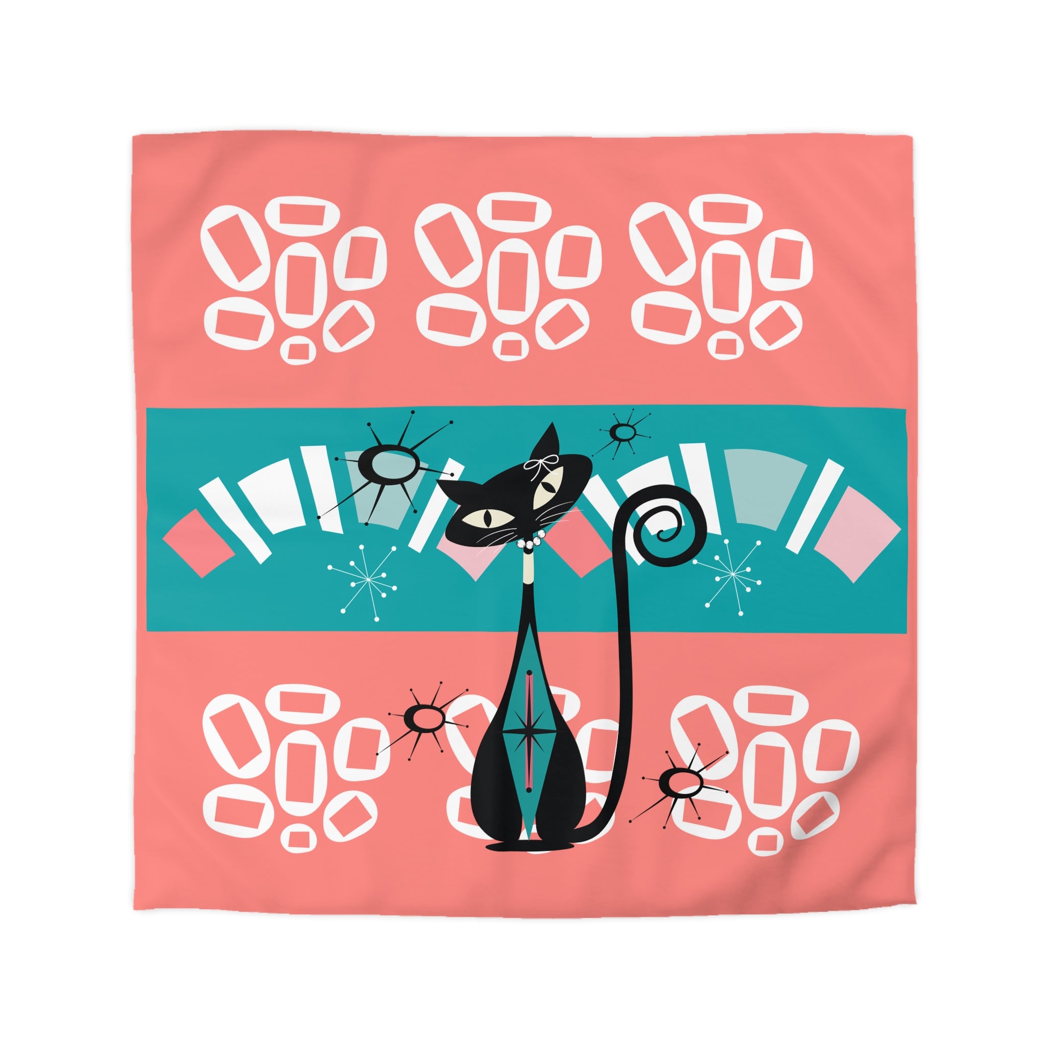 Mid Century Modern Atomic Cat, Coral, Teal, White Kitschy Funky Mod Duvet - Mid Century Modern Gal