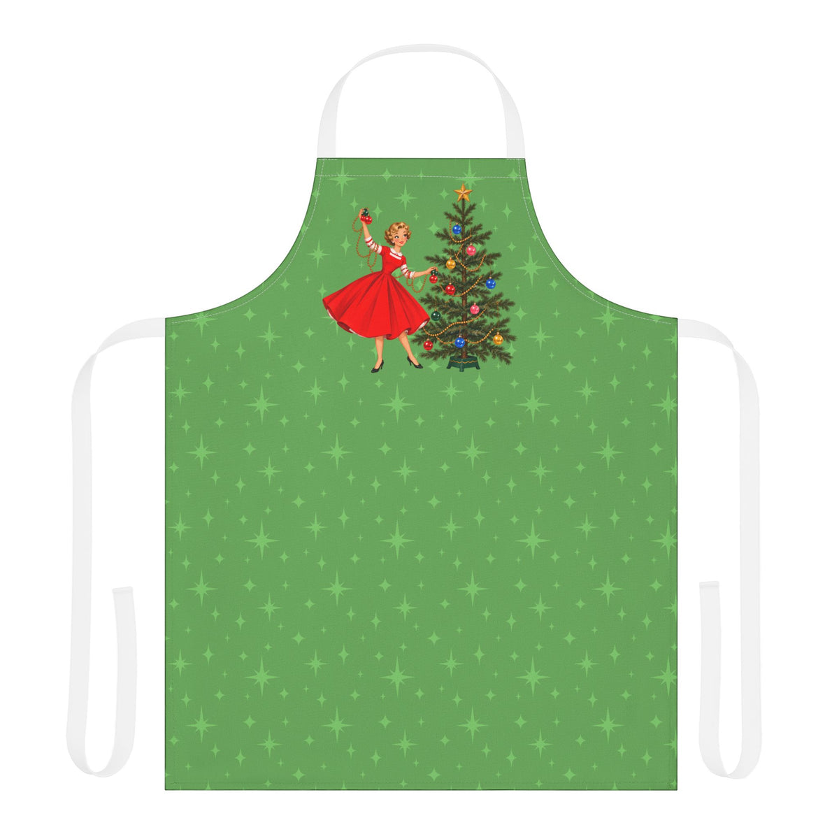 Mid Century Modern Gal Decorating Christmas Tree, Green Atomic Starbursts Apron