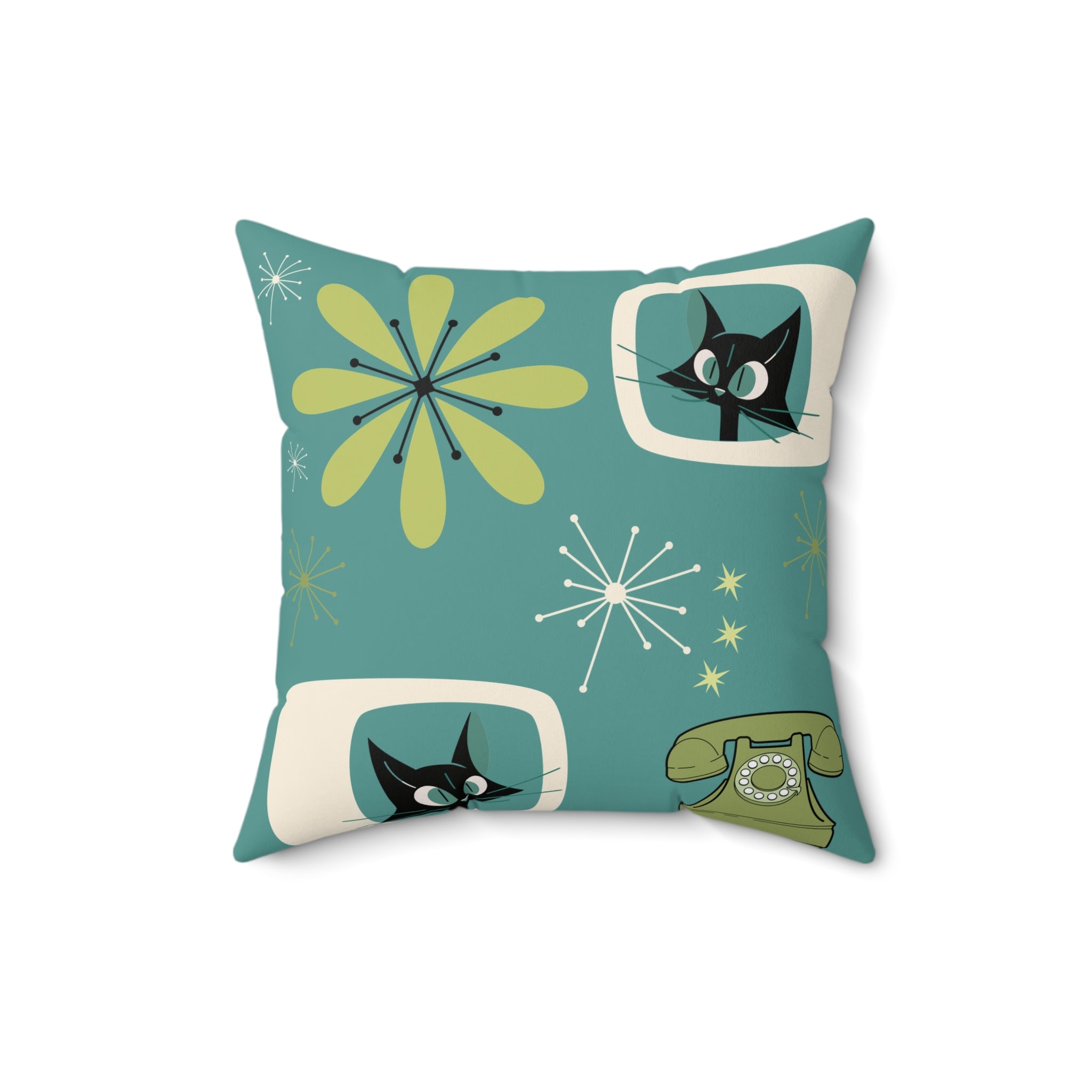 Atomic Space Cat, Teal Mid Century Modern Kitschy Mod Decorative Pillow - Mid Century Modern Gal