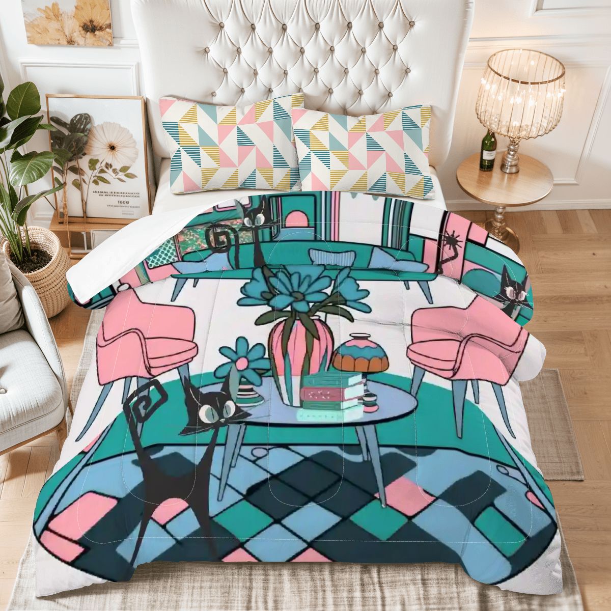 Mid Century Modern Atomic Kitschy Cats, Mod Lounge Scene, Retro MCM King Comforter Set - Mid Century Modern Gal