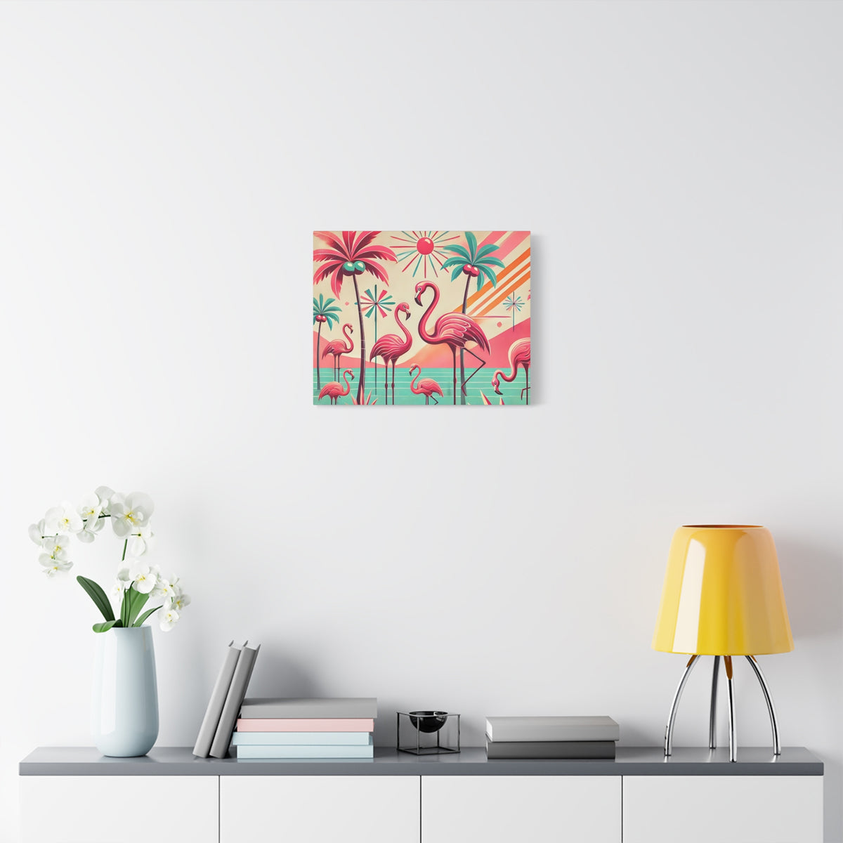 1950s Mid Century Modern Flamingo Art, Kitschy Pink, Teal, MCM Matte Canvas - Mid Century Modern Gal